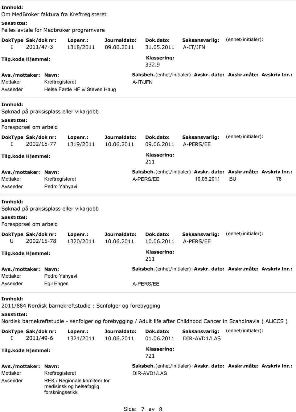 praksisplass eller vikarjobb Forespørsel om arbeid 2002/15-78 1320/2011 A-PERS/EE 211 Mottaker Pedro Yahyavi Egil Engen A-PERS/EE 2011/884 Nordisk barnekreftstudie : Senfølger og