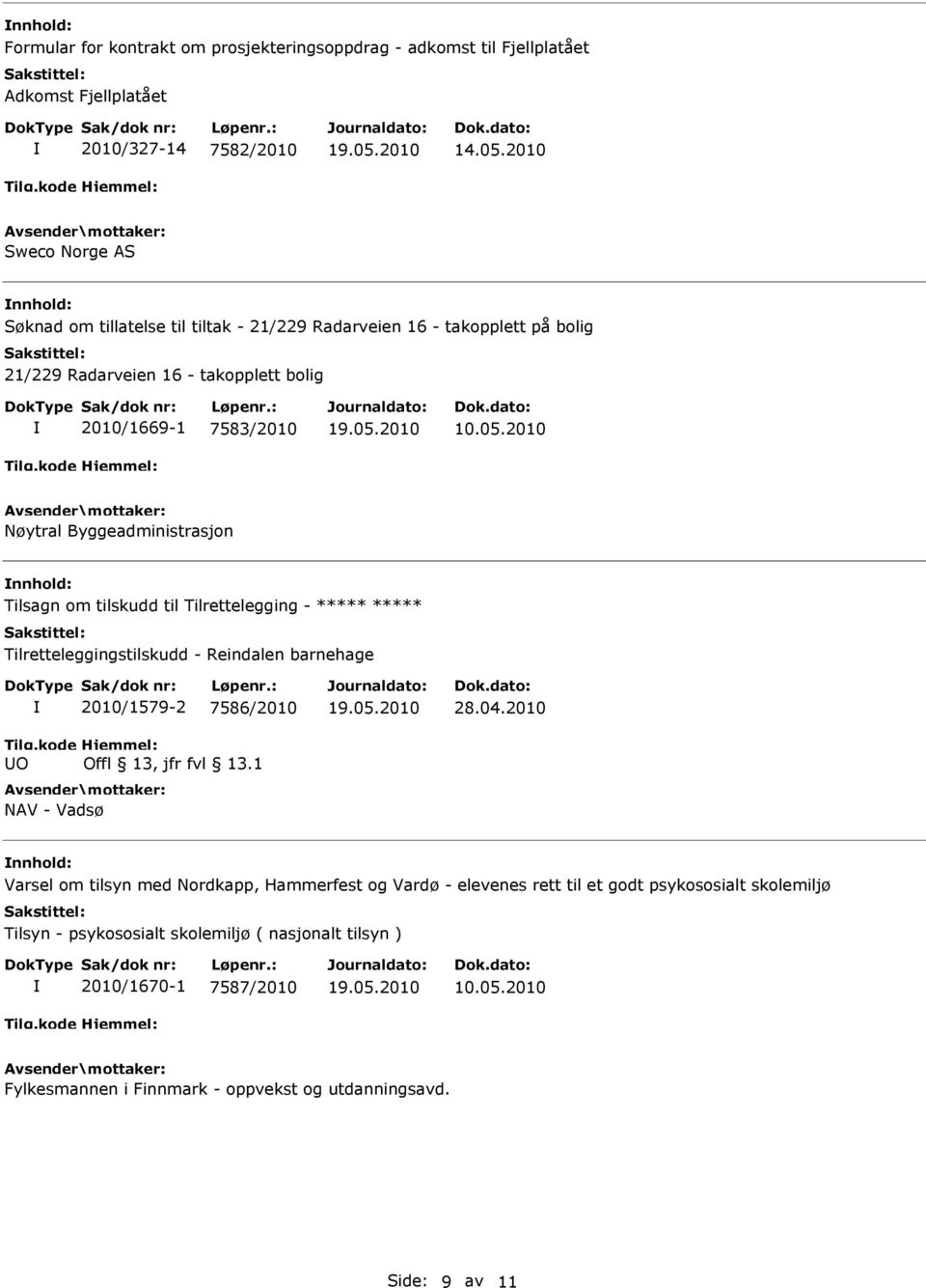 2010 Nøytral Byggeadministrasjon nnhold: Tilsagn om tilskudd til Tilrettelegging - ***** ***** Tilretteleggingstilskudd - Reindalen barnehage Tilg.