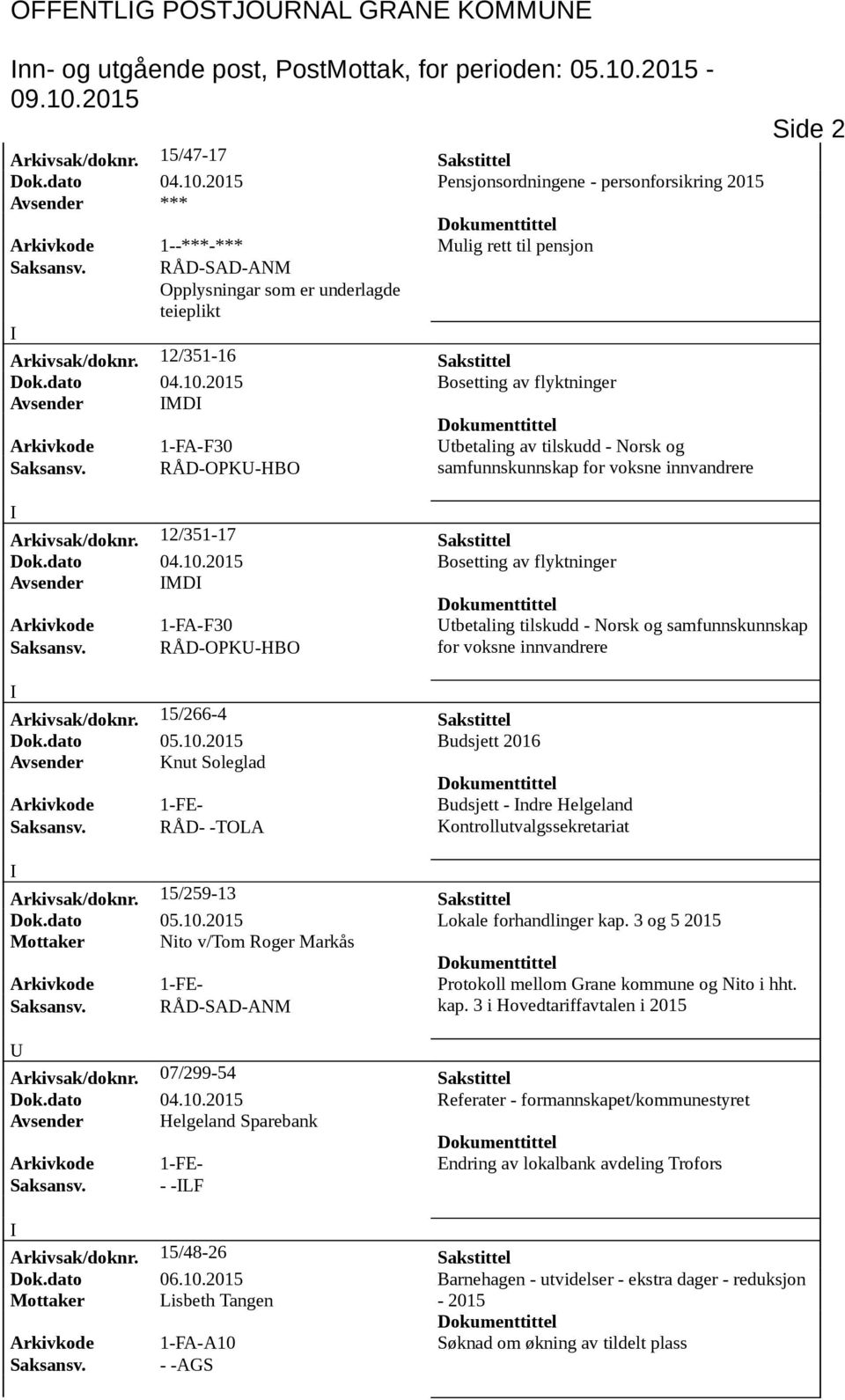 2015 Pensjonsordningene - personforsikring 2015 Avsender *** Arkivkode 1--***-*** Mulig rett til pensjon Opplysningar som er underlagde teieplikt Arkivsak/doknr. 12/351-16 Sakstittel Dok.dato 04.10.