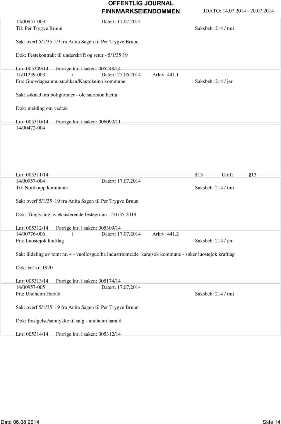 1 Fra: Guovdageainnu suohkan/kautokeino kommune Sak: søknad om boligtomter - ole salomon hætta Dok: melding om vedtak Lnr: 005310/14 Forrige lnr.