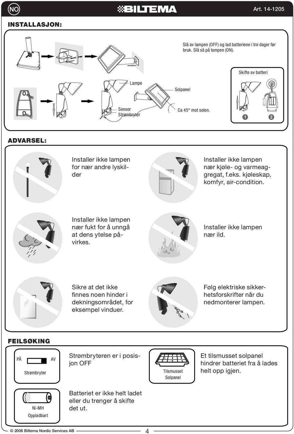 Sikre at det ikke finnes noen hinder i dekningsområdet, for eksempel vinduer. Følg elektriske sikkerhetsforskrifter når du nedmonterer lampen.