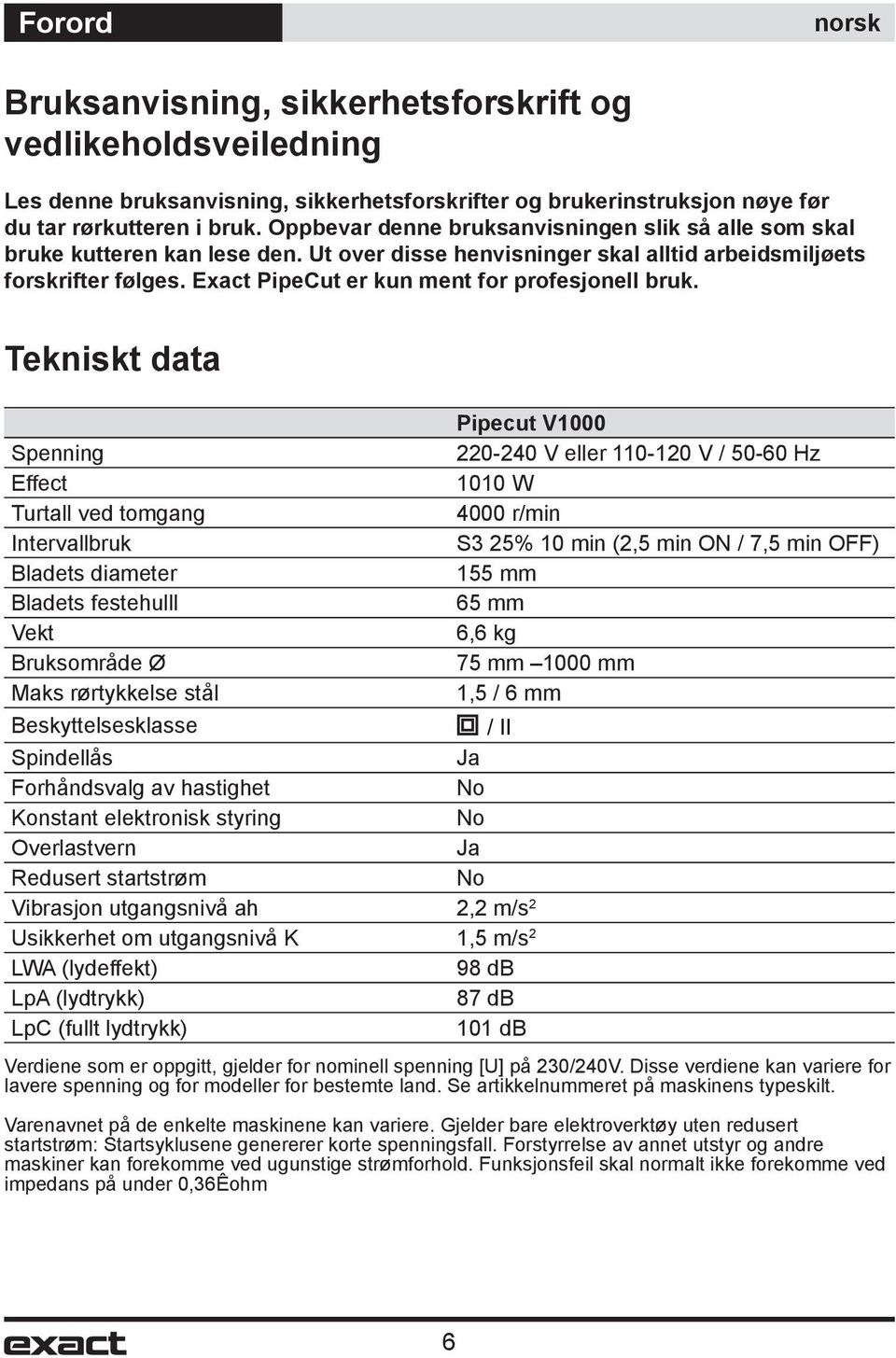 Exact PipeCut er kun ment for profesjonell bruk.