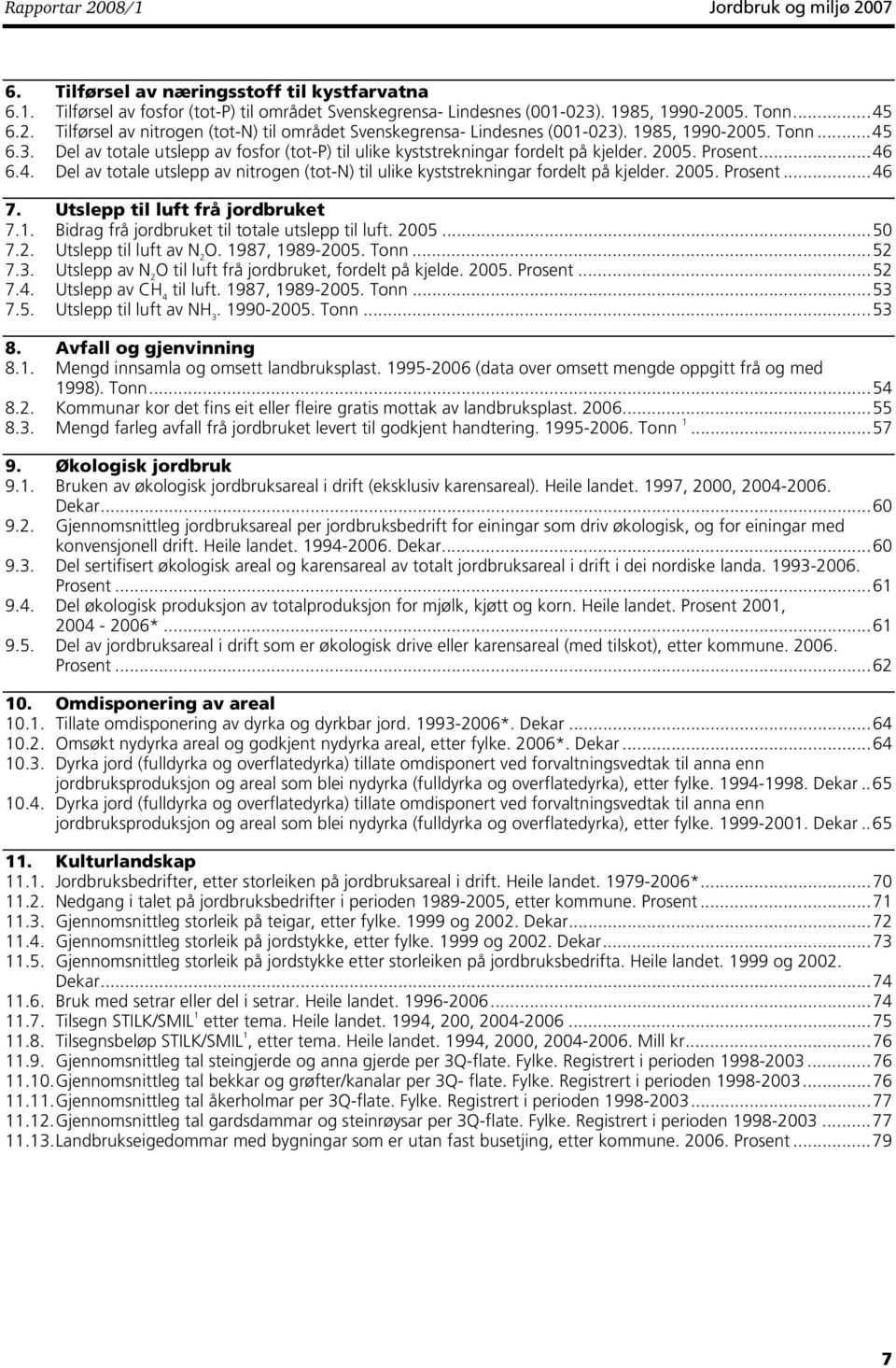 2005. Prosent...46 6.4. Del av totale utslepp av nitrogen (tot-n) til ulike kyststrekningar fordelt på kjelder. 2005. Prosent...46 7. Utslepp til luft frå jordbruket 7.1.