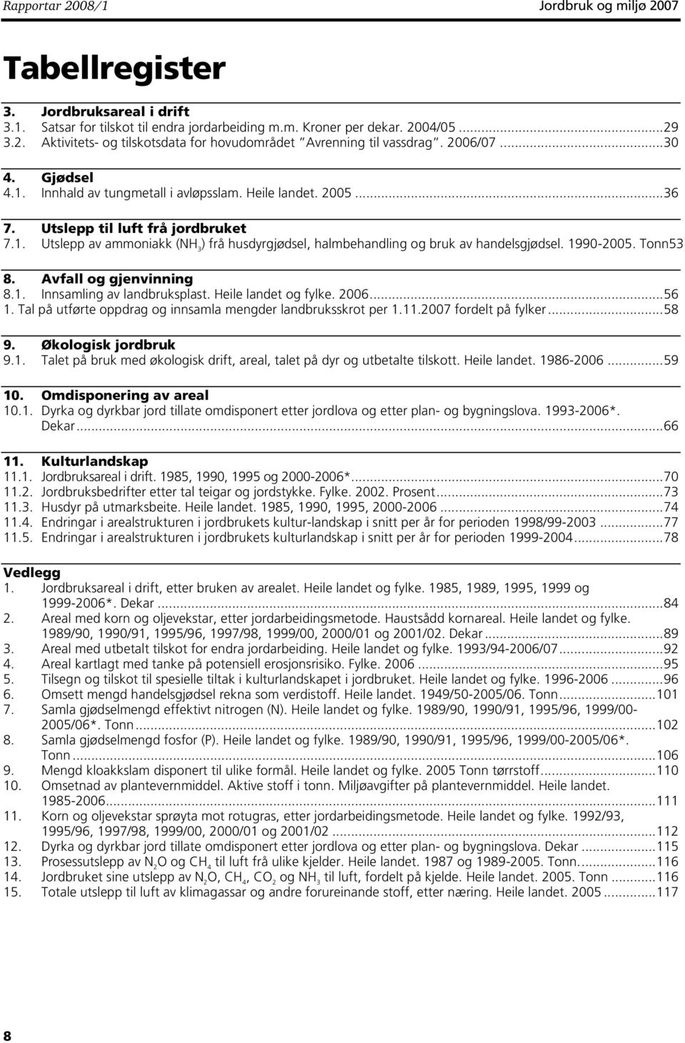 1990-2005. Tonn53 8. Avfall og gjenvinning 8.1. Innsamling av landbruksplast. Heile landet og fylke. 2006...56 1. Tal på utførte oppdrag og innsamla mengder landbruksskrot per 1.11.