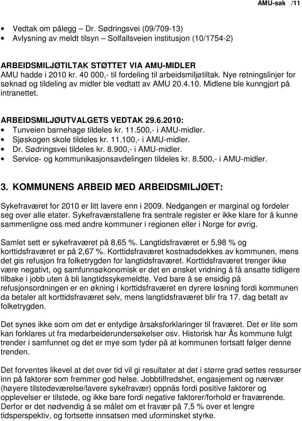 2010: Tunveien barnehage tildeles kr. 11.500,- i AMU-midler. Sjøskogen skole tildeles kr. 11.100,- i AMU-midler. Dr. Sødringsvei tildeles kr. 8.900,- i AMU-midler.