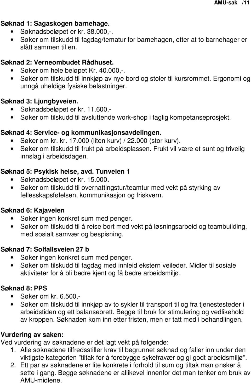 11.600,- Søker om tilskudd til avsluttende work-shop i faglig kompetanseprosjekt. Søknad 4: Service- og kommunikasjonsavdelingen. Søker om kr. kr. 17.000 (liten kurv) / 22.000 (stor kurv).