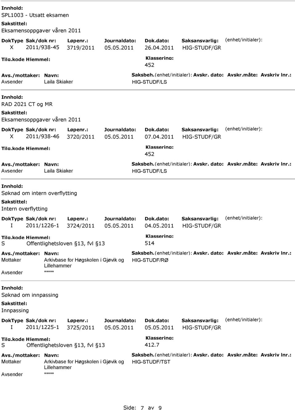 : Laila kiaker HIG-TDF/L øknad om intern overflytting I 2011/1226-1 3724/2011 Avs./mottaker: Navn: aksbeh. Avskr. dato: Avskr.måte: Avskriv lnr.