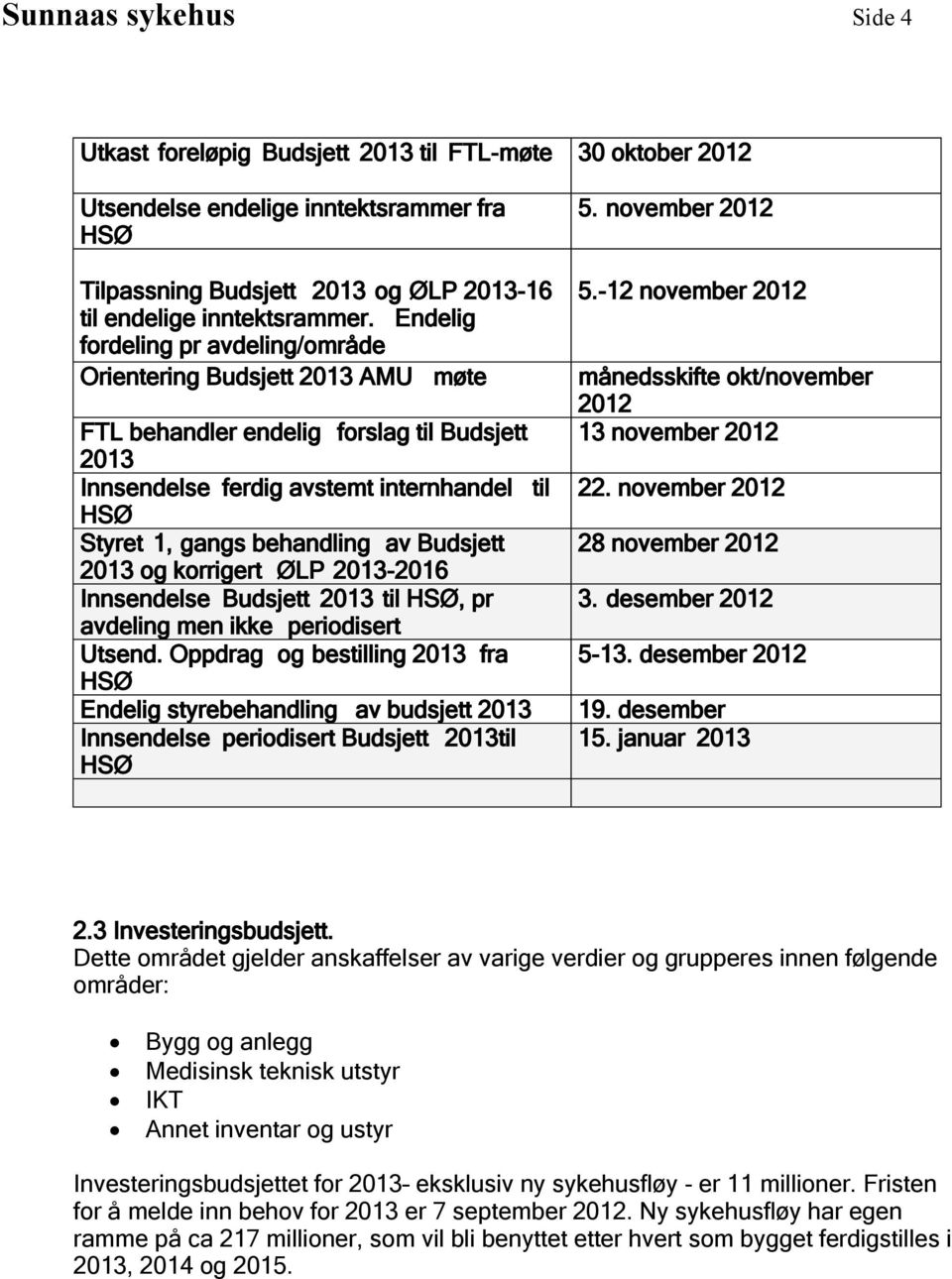 korrigert ØLP -2016 Innsendelse Budsjett til, pr avdeling men ikke periodisert Utsend. Oppdrag og bestilling fra Endelig styrebehandling av budsjett Innsendelse periodisert Budsjett til 5.