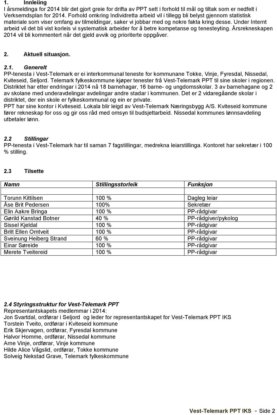 Under Internt arbeid vil det bli vist korleis vi systematisk arbeider for å betre kompetanse og tenesteyting. Årsrekneskapen 2014 vil bli kommentert når det gjeld avvik og prioriterte oppgåver. 2. Aktuell situasjon.