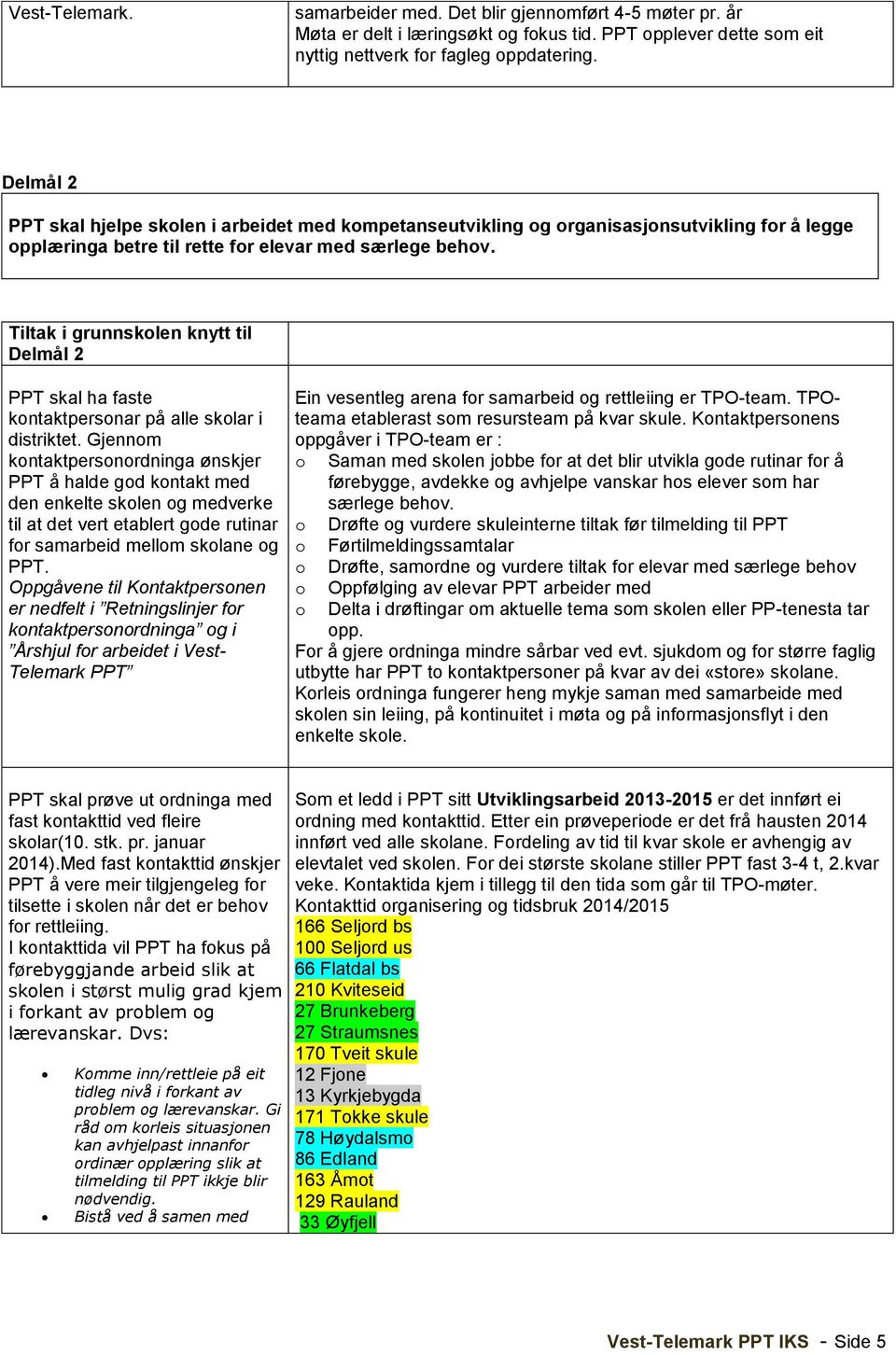 Tiltak i grunnskolen knytt til Delmål 2 PPT skal ha faste kontaktpersonar på alle skolar i distriktet.