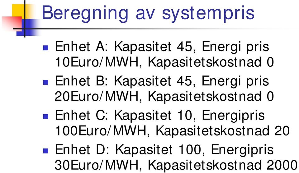 Kapasitetskostnad 0 Enhet C: Kapasitet 10, Energipris 100Euro/MWH,