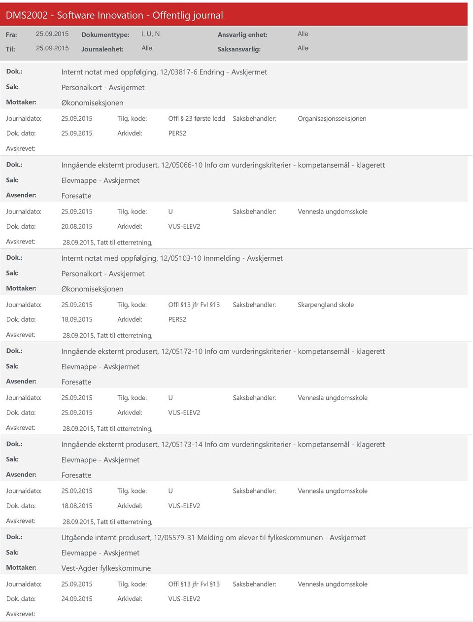 2015 Inngående eksternt produsert, 12/05172-10 Info om vurderingskriterier - kompetansemål - klagerett VS-ELEV2 Inngående eksternt produsert, 12/05173-14