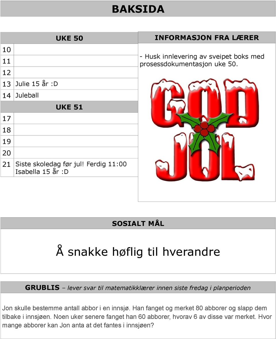 SOSIALT MÅL Å snakke høflig til hverandre GRUBLIS lever svar til matematikklærer innen siste fredag i planperioden Jon skulle bestemme antall