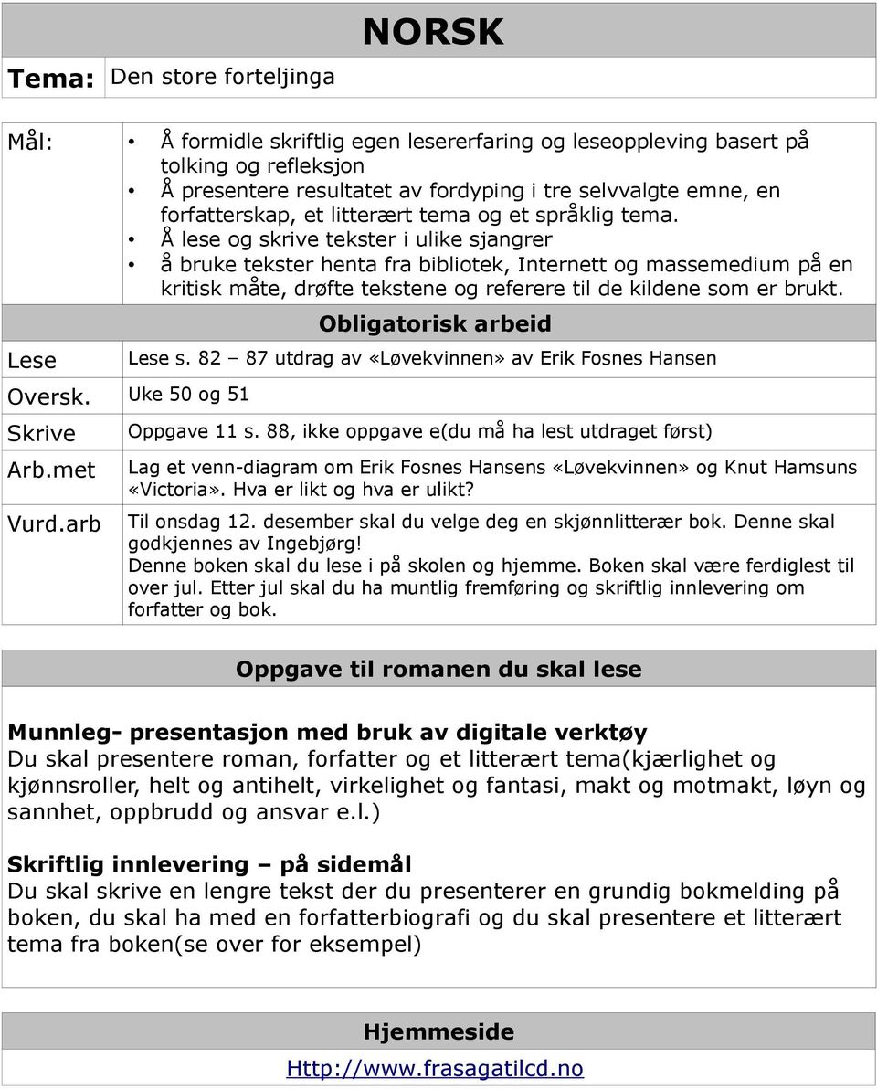 Å lese og skrive tekster i ulike sjangrer å bruke tekster henta fra bibliotek, Internett og massemedium på en kritisk måte, drøfte tekstene og referere til de kildene som er brukt. Lese Lese s.