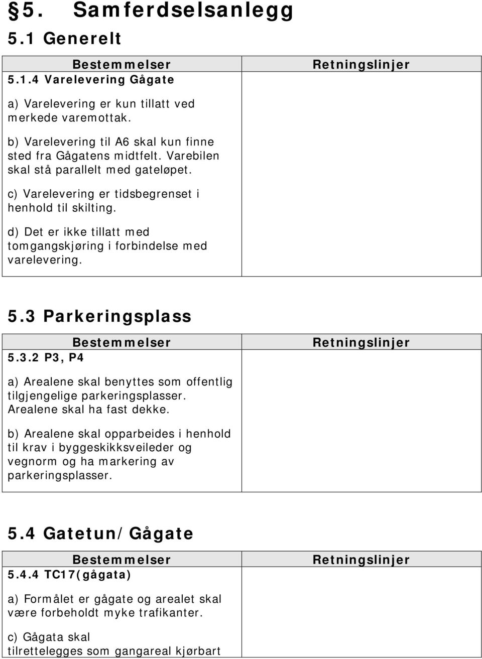 d) Det er ikke tillatt med tomgangskjøring i forbindelse med varelevering. 5.3 Parkeringsplass Bestemmelser 5.3.2 P3, P4 Retningslinjer a) Arealene skal benyttes som offentlig tilgjengelige parkeringsplasser.