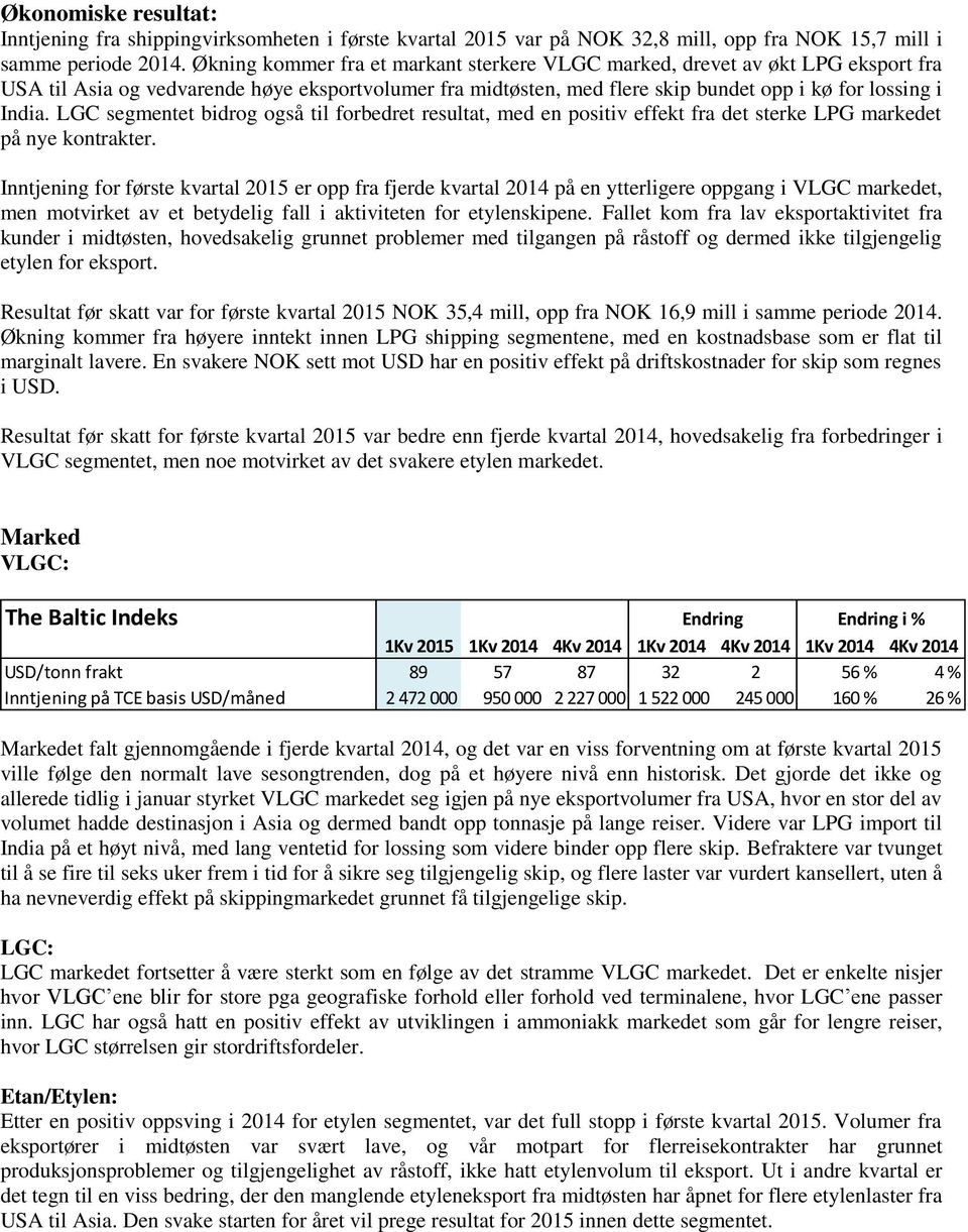 LGC segmentet bidrog også til forbedret resultat, med en positiv effekt fra det sterke LPG markedet på nye kontrakter.