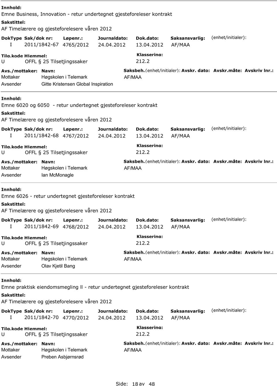 Avskr. dato: Avskr.måte: Avskriv lnr.: Emne 6026 - retur undertegnet gjesteforeleser kontrakt AF Timelærere og gjesteforelesere våren 2012 2011/1842-69 4768/2012 13.04.2012 Olav Kjetil Bang aksbeh.