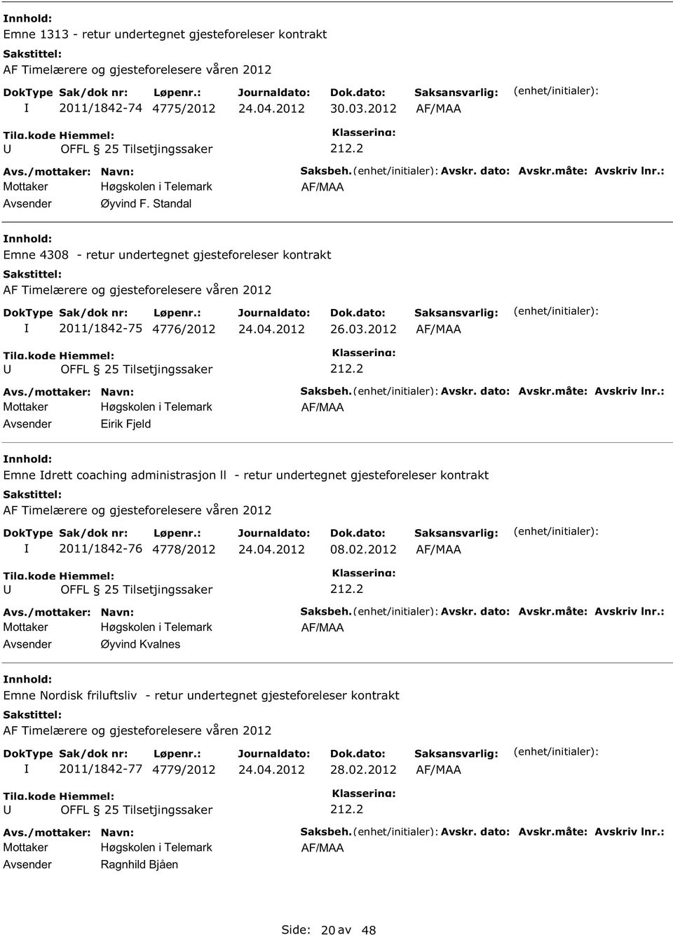 : Emne drett coaching administrasjon ll - retur undertegnet gjesteforeleser kontrakt AF Timelærere og gjesteforelesere våren 2012 2011/1842-76 4778/2012 08.02.2012 Øyvind Kvalnes aksbeh. Avskr.