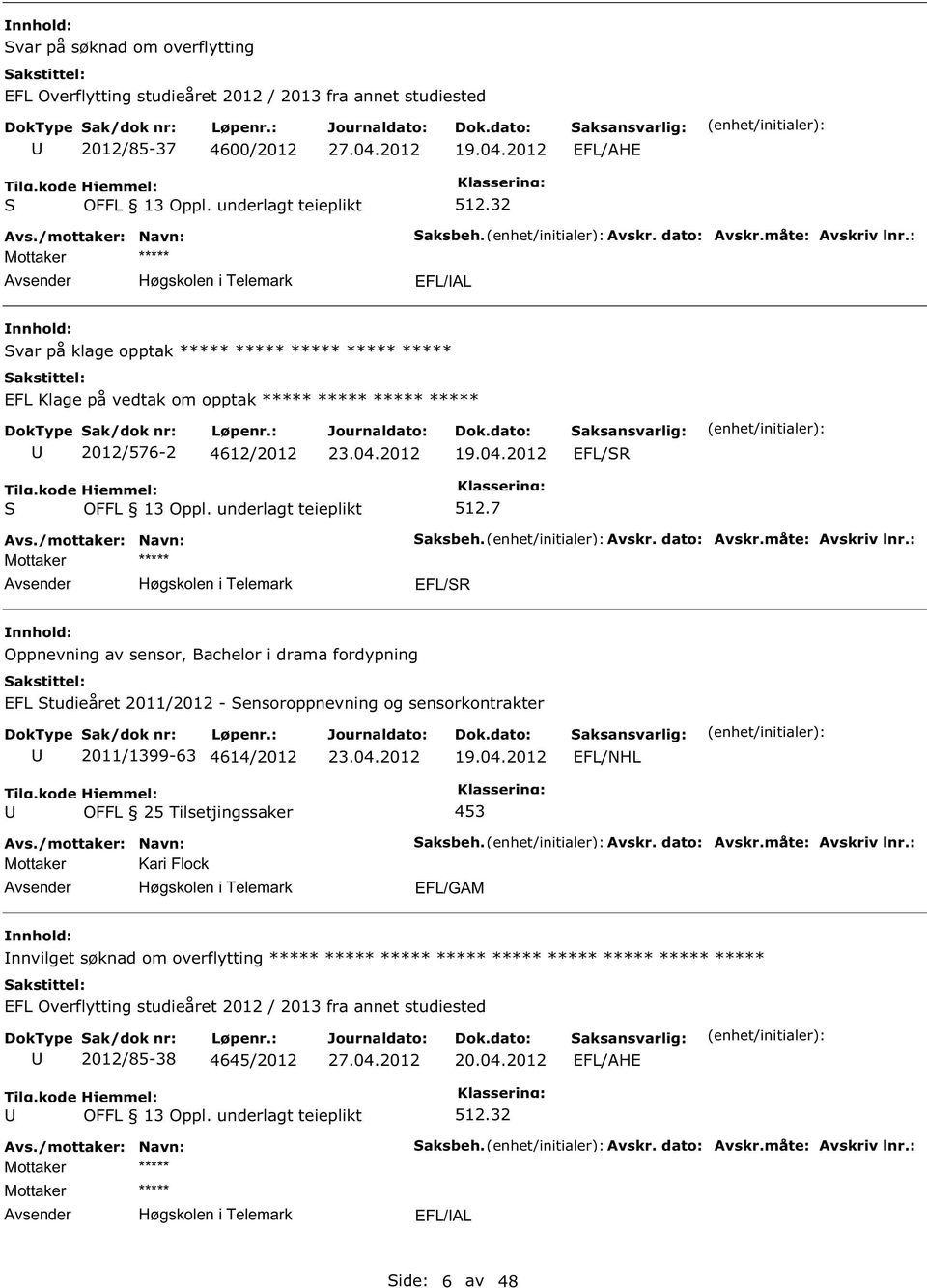 7 aksbeh. Avskr. dato: Avskr.måte: Avskriv lnr.: EFL/R Oppnevning av sensor, Bachelor i drama fordypning EFL tudieåret 2011/2012 - ensoroppnevning og sensorkontrakter 2011/1399-63 4614/2012 19.04.