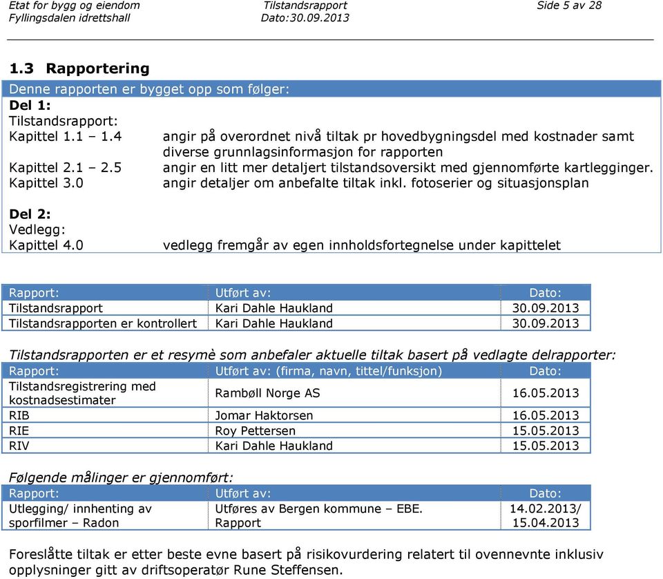 5 angir en litt mer detaljert tilstandsoversikt med gjennomførte kartlegginger. Kapittel 3.0 angir detaljer om anbefalte tiltak inkl. fotoserier og situasjonsplan Del 2: Vedlegg: Kapittel 4.