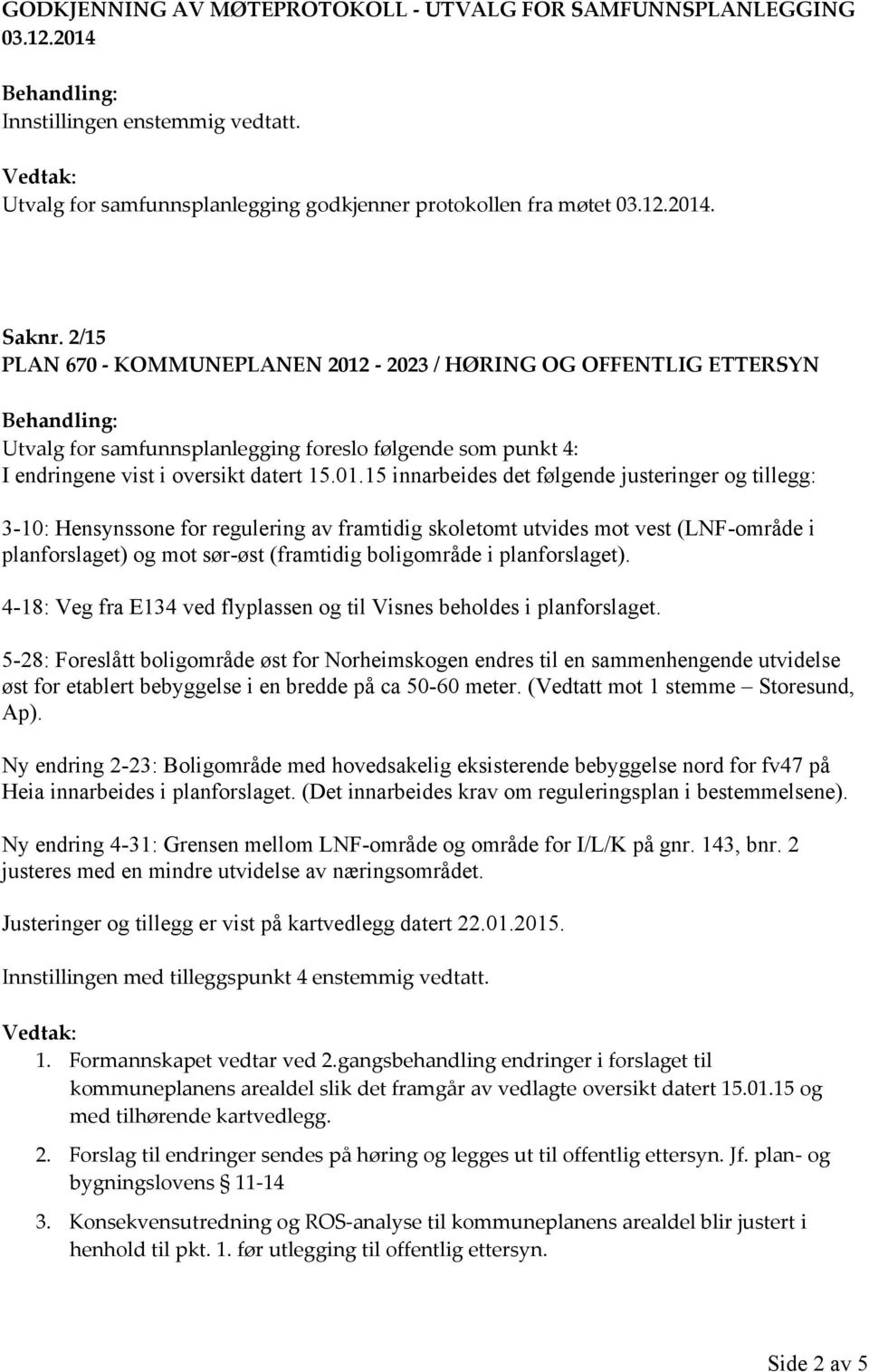 -2023 / HØRING OG OFFENTLIG ETTERSYN Behandling: Utvalg for samfunnsplanlegging foreslo følgende som punkt 4: I endringene vist i oversikt datert 15.01.