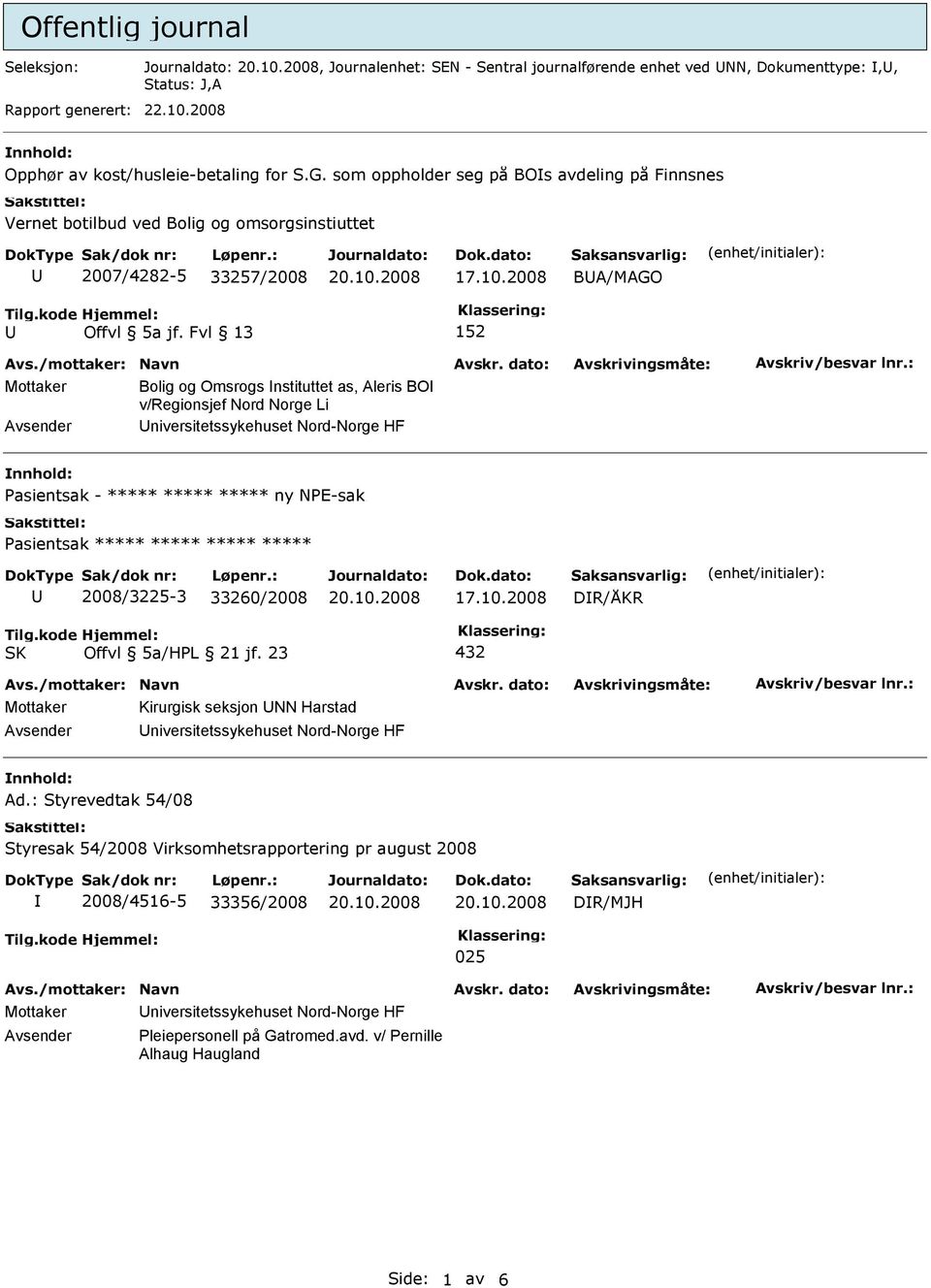 Fvl 13 152 Mottaker Bolig og Omsrogs nstituttet as, Aleris BO v/regionsjef Nord Norge Li Universitetssykehuset Nord-Norge HF nnhold: Pasientsak - ***** ***** ***** ny NPE-sak Pasientsak ***** *****