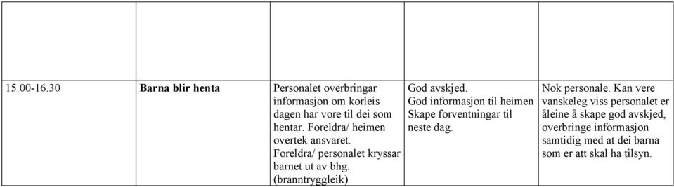 (branntryggleik) God avskjed. God informasjon til heimen Skape forventningar til neste dag. Nok personale.