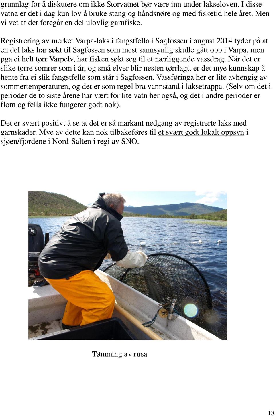 Registrering av merket Varpa-laks i fangstfella i Sagfossen i august 2014 tyder på at en del laks har søkt til Sagfossen som mest sannsynlig skulle gått opp i Varpa, men pga ei helt tørr Varpelv, har