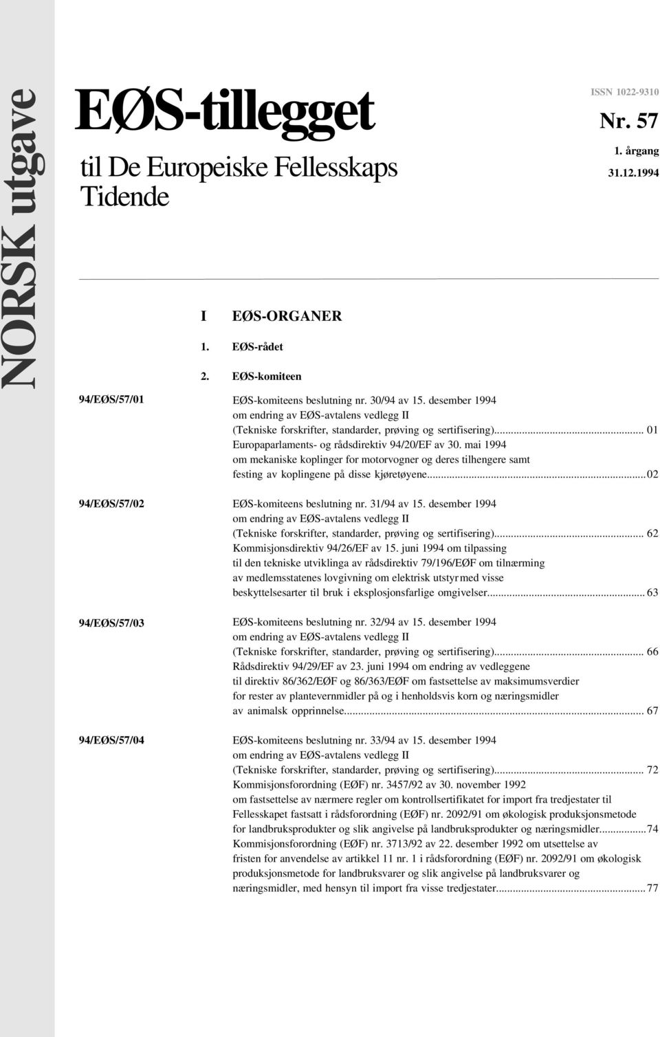 .. 01 Europaparlaments- og rådsdirektiv 94/20/EF av 30. mai 1994 om mekaniske koplinger for motorvogner og deres tilhengere samt festing av koplingene på disse kjøretøyene.