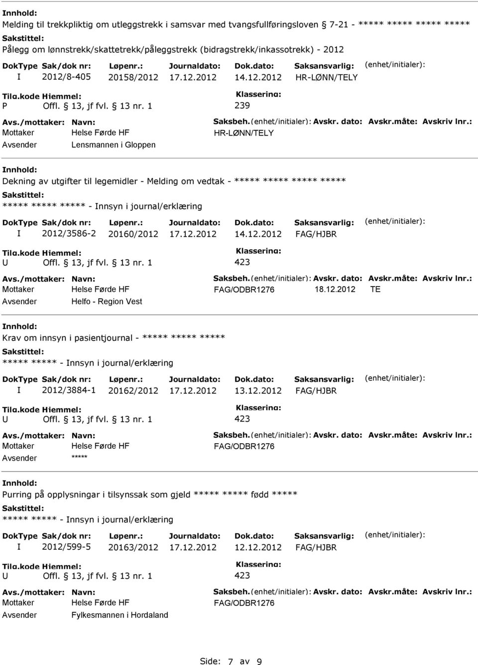 : Lensmannen i Gloppen Dekning av utgifter til legemidler - Melding om vedtak - ***** ***** ***** ***** ***** ***** ***** - nnsyn i journal/erklæring 2012/3586-2 20160/2012 Avs.