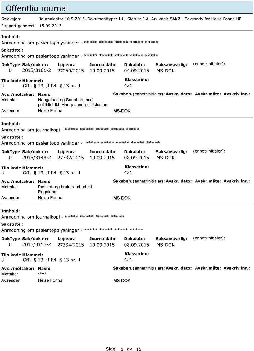 : Mottaker Haugaland og Sunnhordland politidistrikt, Haugesund politistasjon Anmodning om journalkopi - ***** ***** ***** ***** ***** ***** 2015/3143-2 27332/2015 Avs.