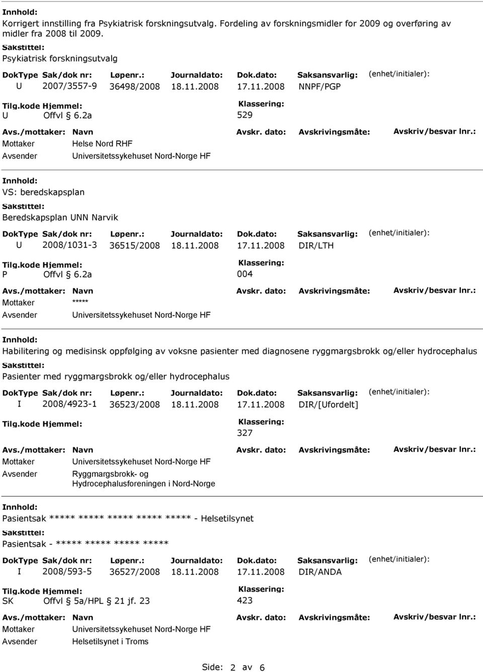 Mottaker ***** niversitetssykehuset Nord-Norge HF Habilitering og medisinsk oppfølging av voksne pasienter med diagnosene ryggmargsbrokk og/eller hydrocephalus asienter med ryggmargsbrokk og/eller