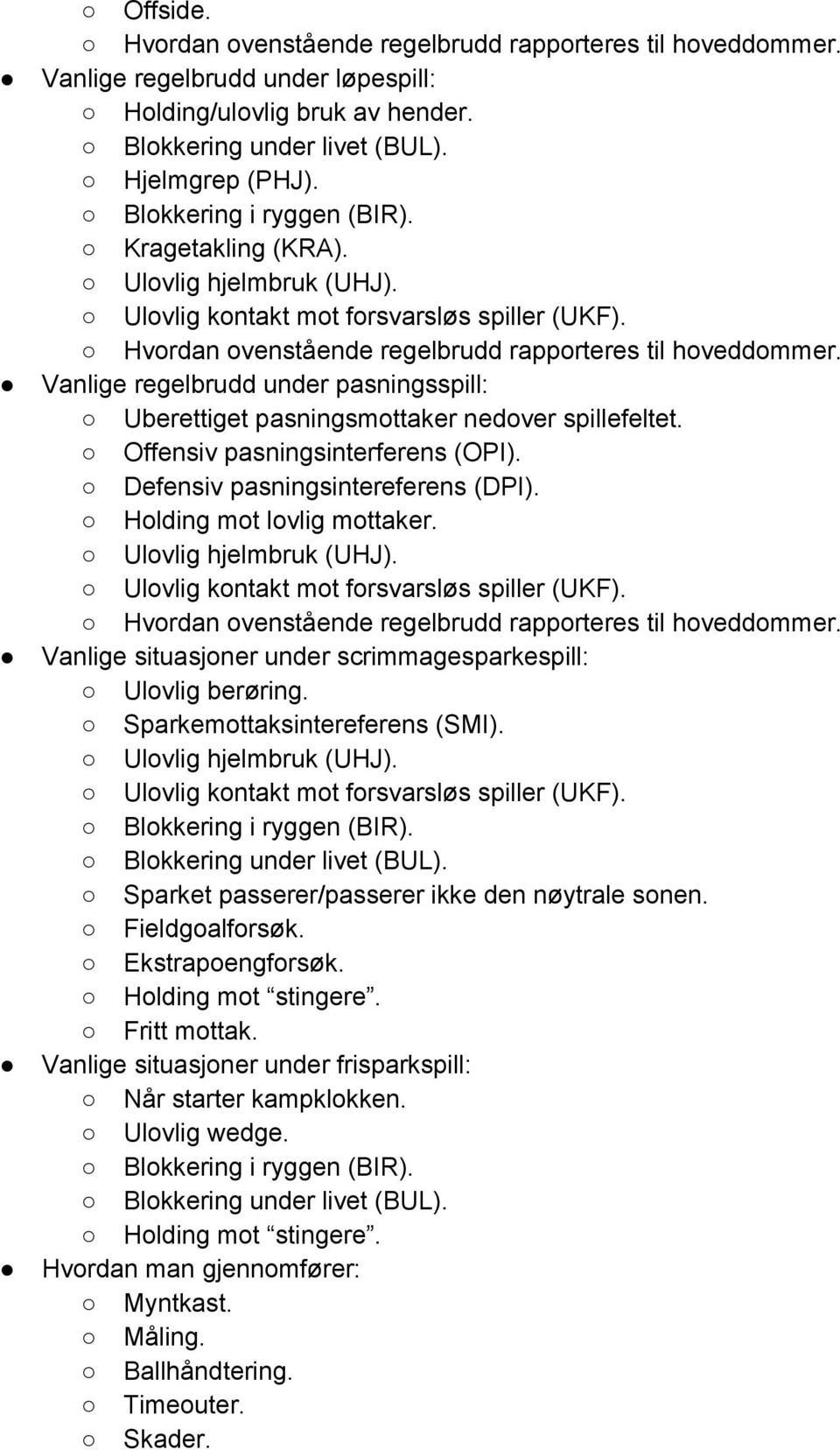 Defensiv pasningsintereferens (DPI). Holding mot lovlig mottaker. Ulovlig hjelmbruk (UHJ). Ulovlig kontakt mot forsvarsløs spiller (UKF).