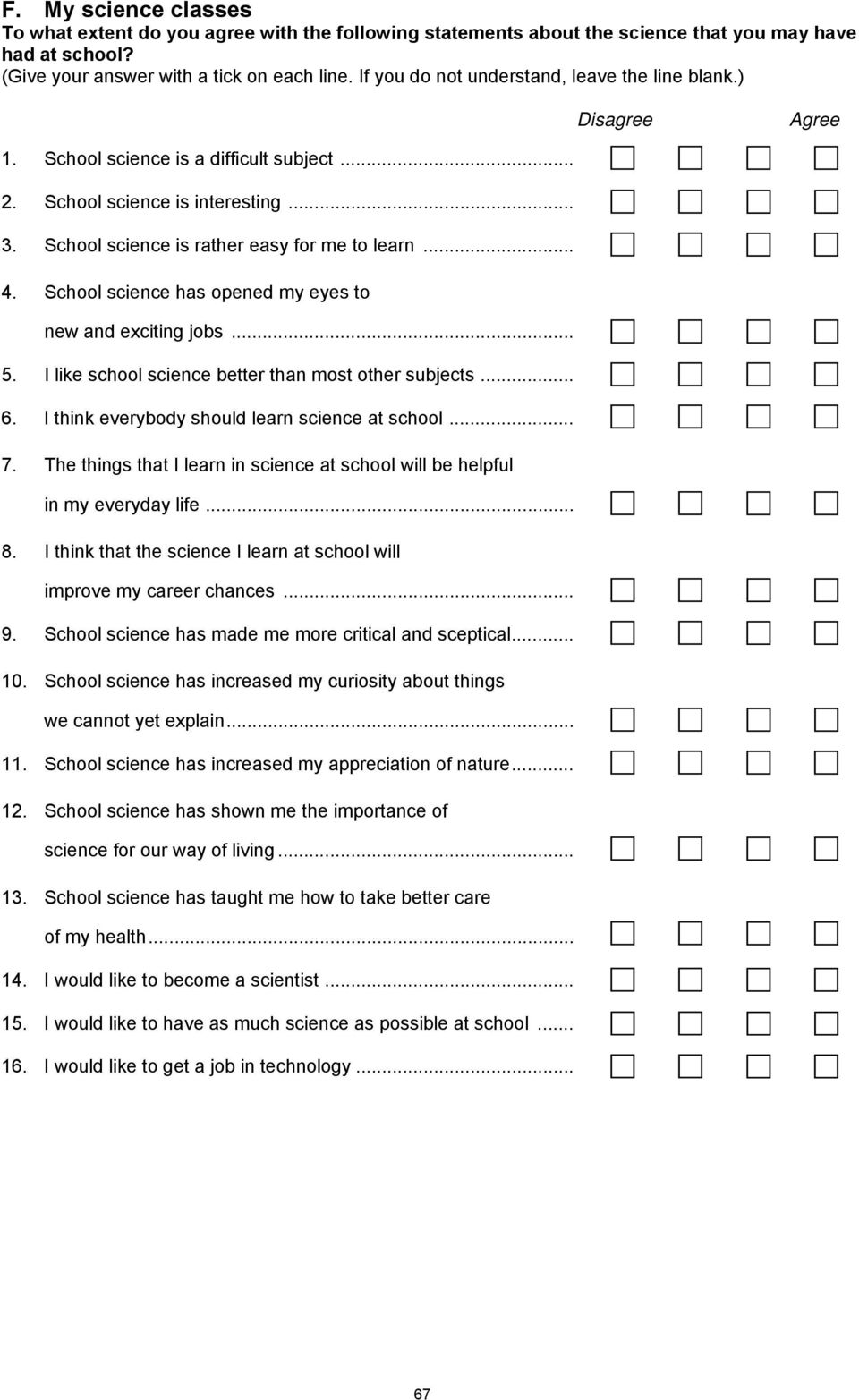 School science has opened my eyes to new and exciting jobs... 5. I like school science better than most other subjects... 6. I think everybody should learn science at school... 7.