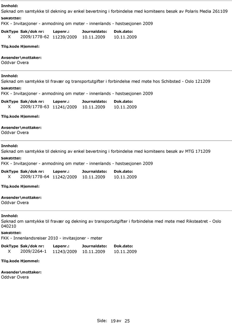 2009/1778-63 11241/2009 Oddvar Overa Søknad om samtykke til dekning av enkel bevertning i forbindelse med komiteens besøk av MTG 171209 FKK - nvitasjoner - anmodning om møter - innenlands -