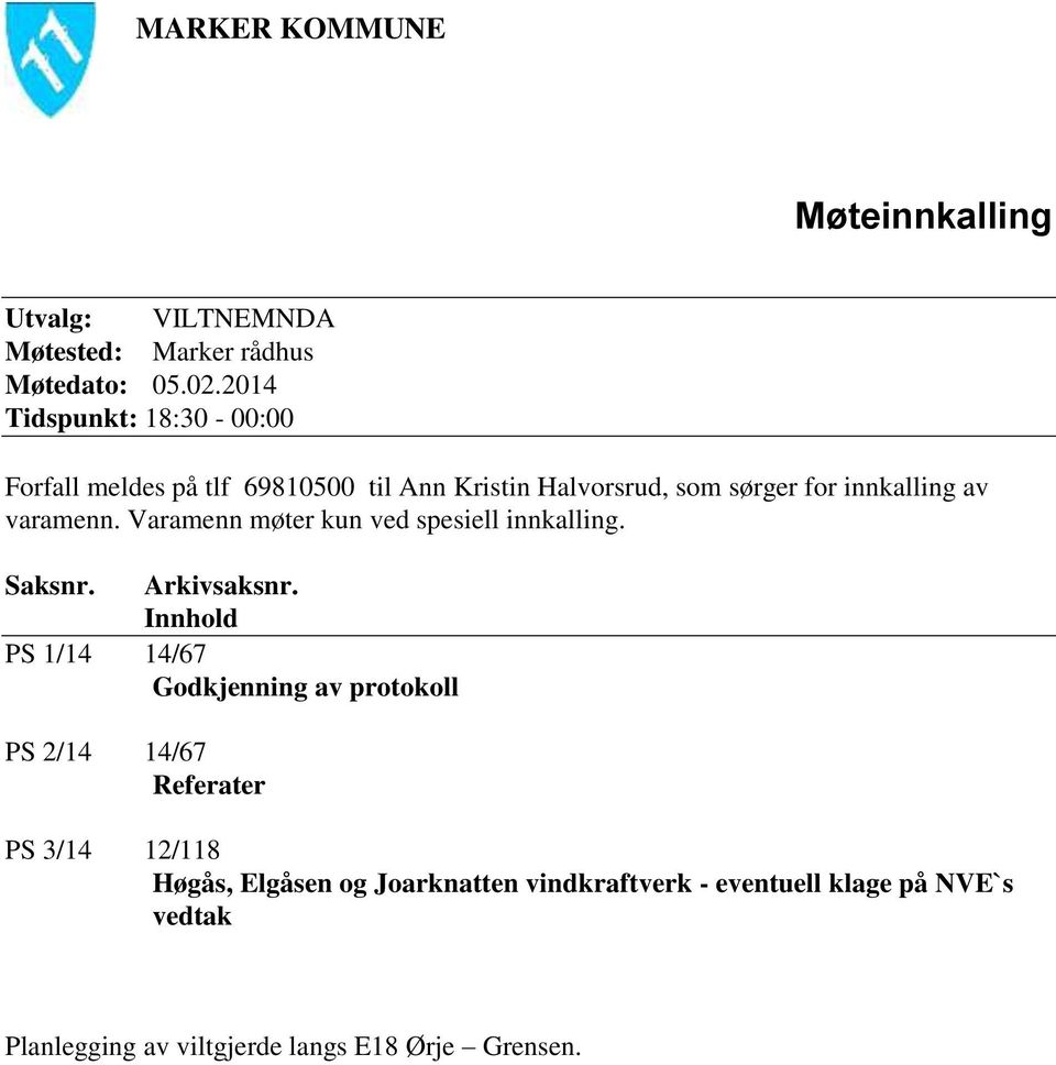 varamenn. Varamenn møter kun ved spesiell innkalling. Saksnr. Arkivsaksnr.