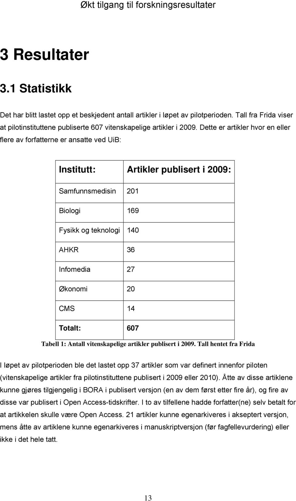 CMS 14 Totalt: 607 Tabell 1: Antall vitenskapelige artikler publisert i 2009.