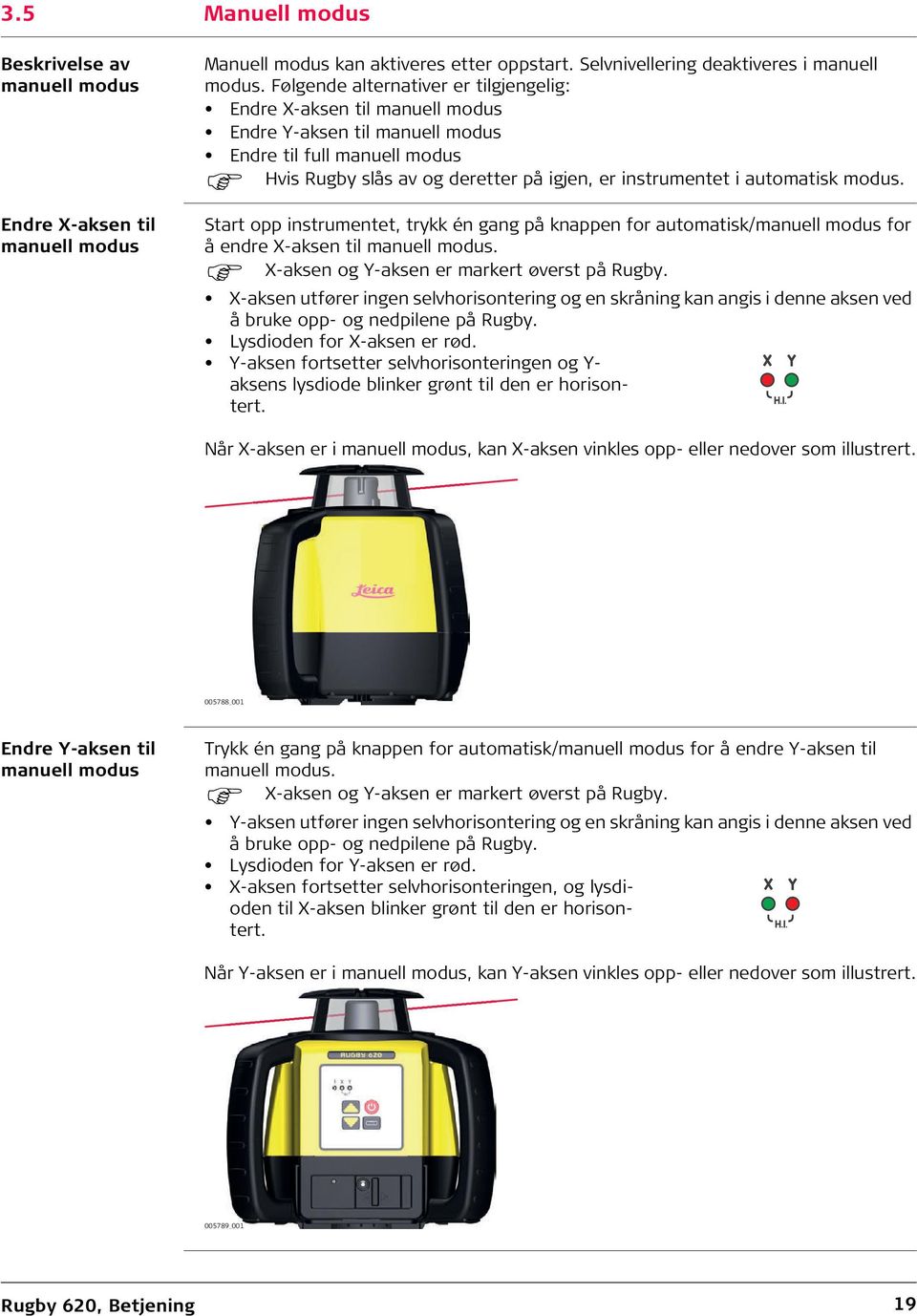 automatisk modus. Start opp instrumentet, trykk én gang på knappen for automatisk/manuell modus for å endre X-aksen til manuell modus. X-aksen og Y-aksen er markert øverst på Rugby.