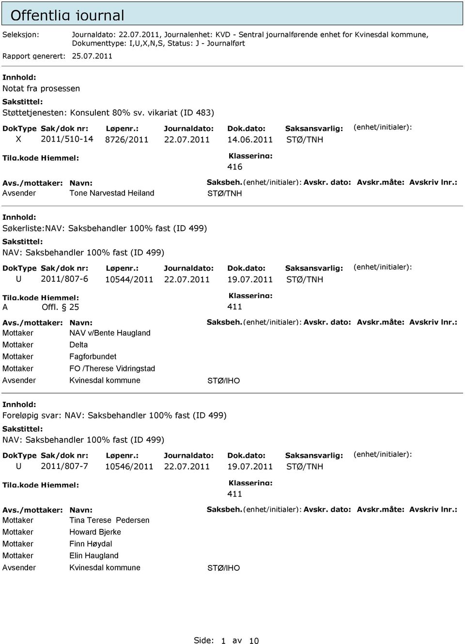 2011 416 Tone Narvestad Heiland Søkerliste:NAV: Saksbehandler 100% fast (D 499) NAV: Saksbehandler 100% fast (D 499) 2011/807-6 10544/2011 A Offl.