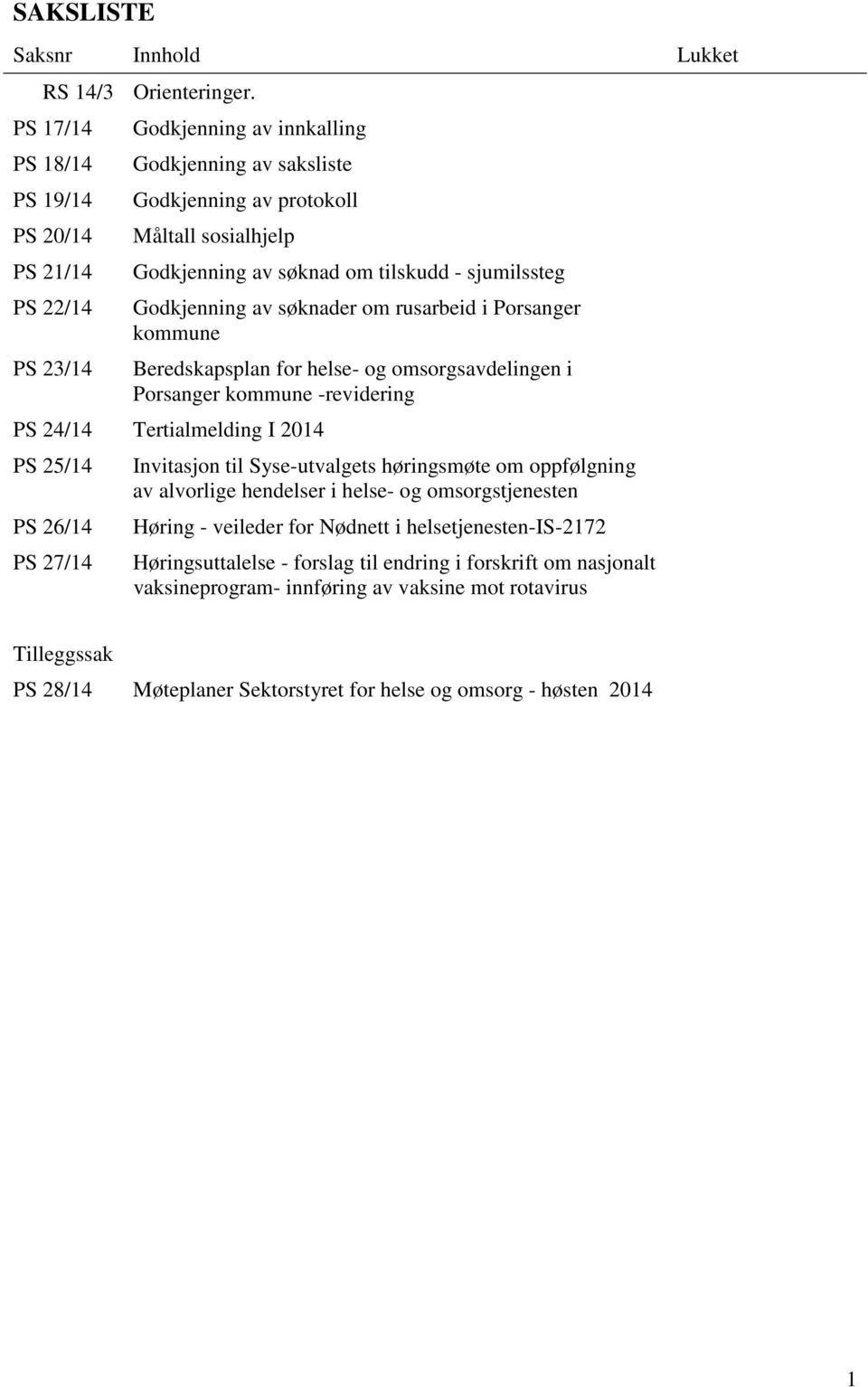 sjumilssteg Godkjenning av søknader om rusarbeid i Porsanger kommune Beredskapsplan for helse- og omsorgsavdelingen i Porsanger kommune -revidering PS 24/14 Tertialmelding I 2014 PS 25/14 PS 26/14 PS