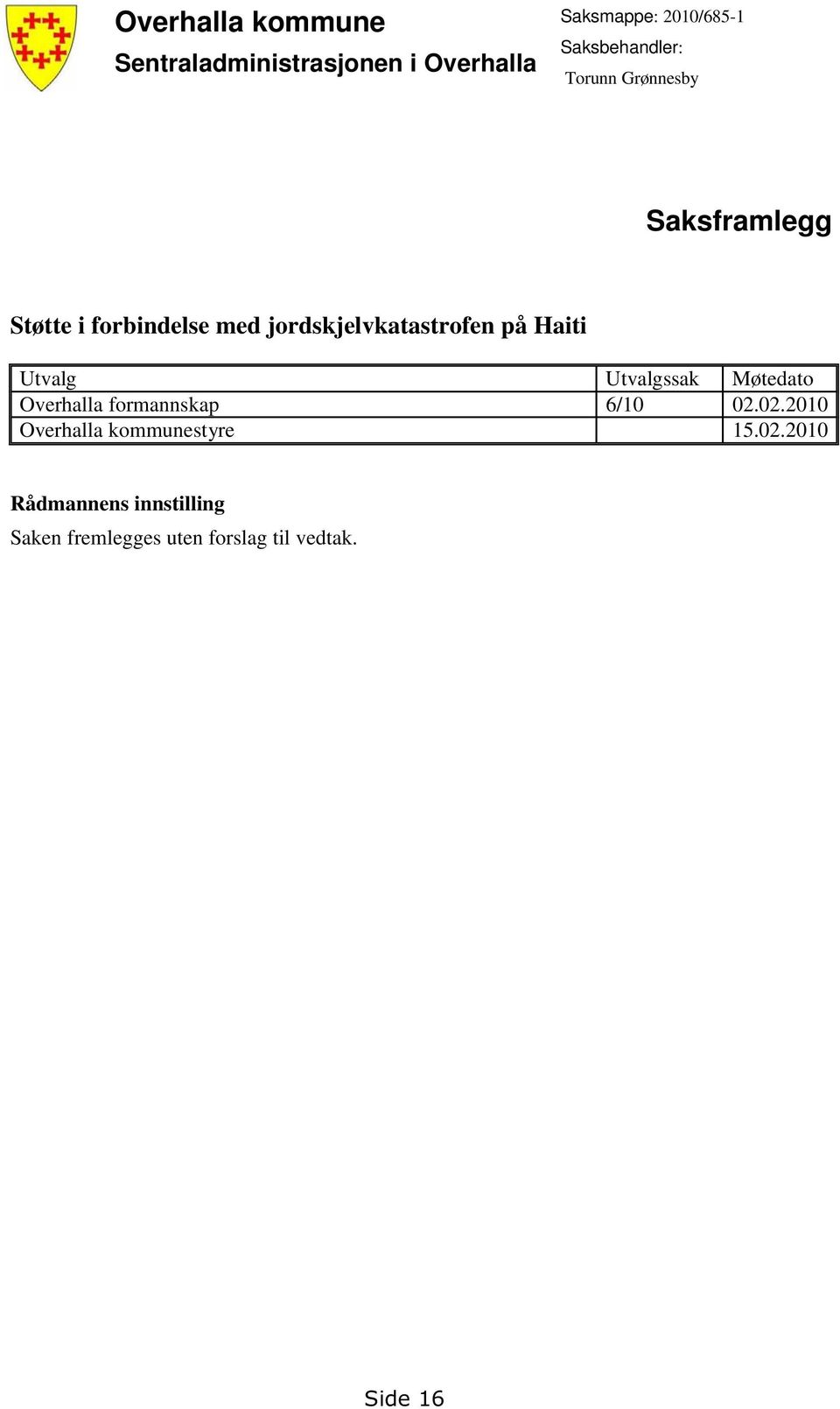 jordskjelvkatastrofen på Haiti Utvalg Utvalgssak Møtedato Overhalla formannskap 6/10