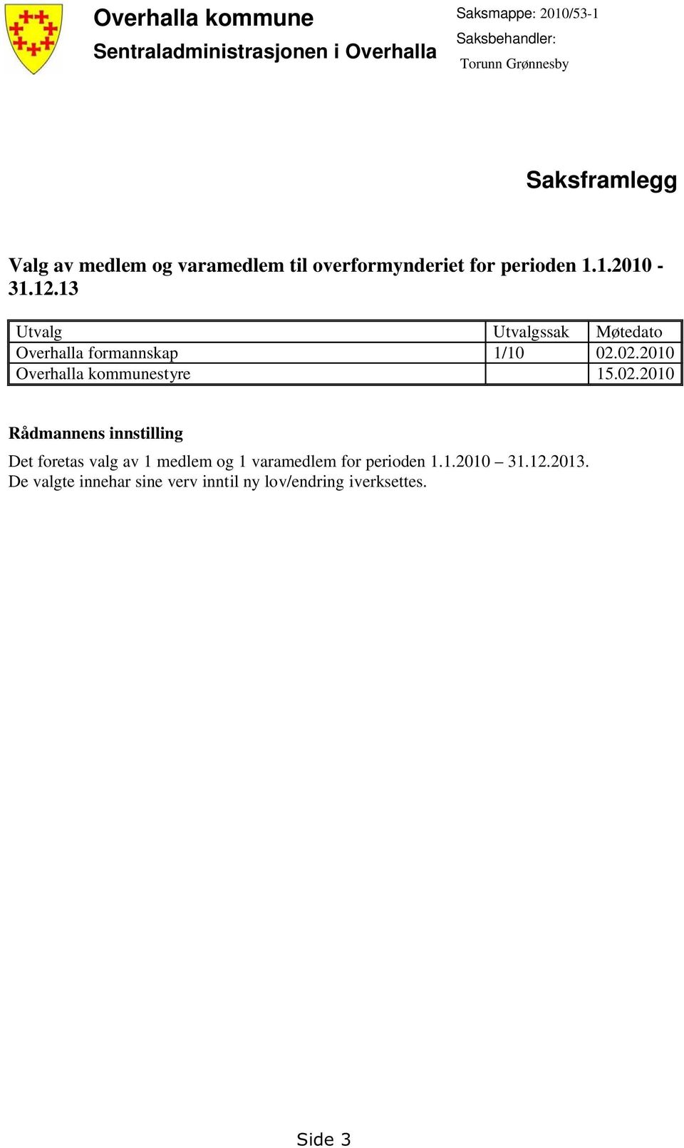 13 Utvalg Utvalgssak Møtedato Overhalla formannskap 1/10 02.