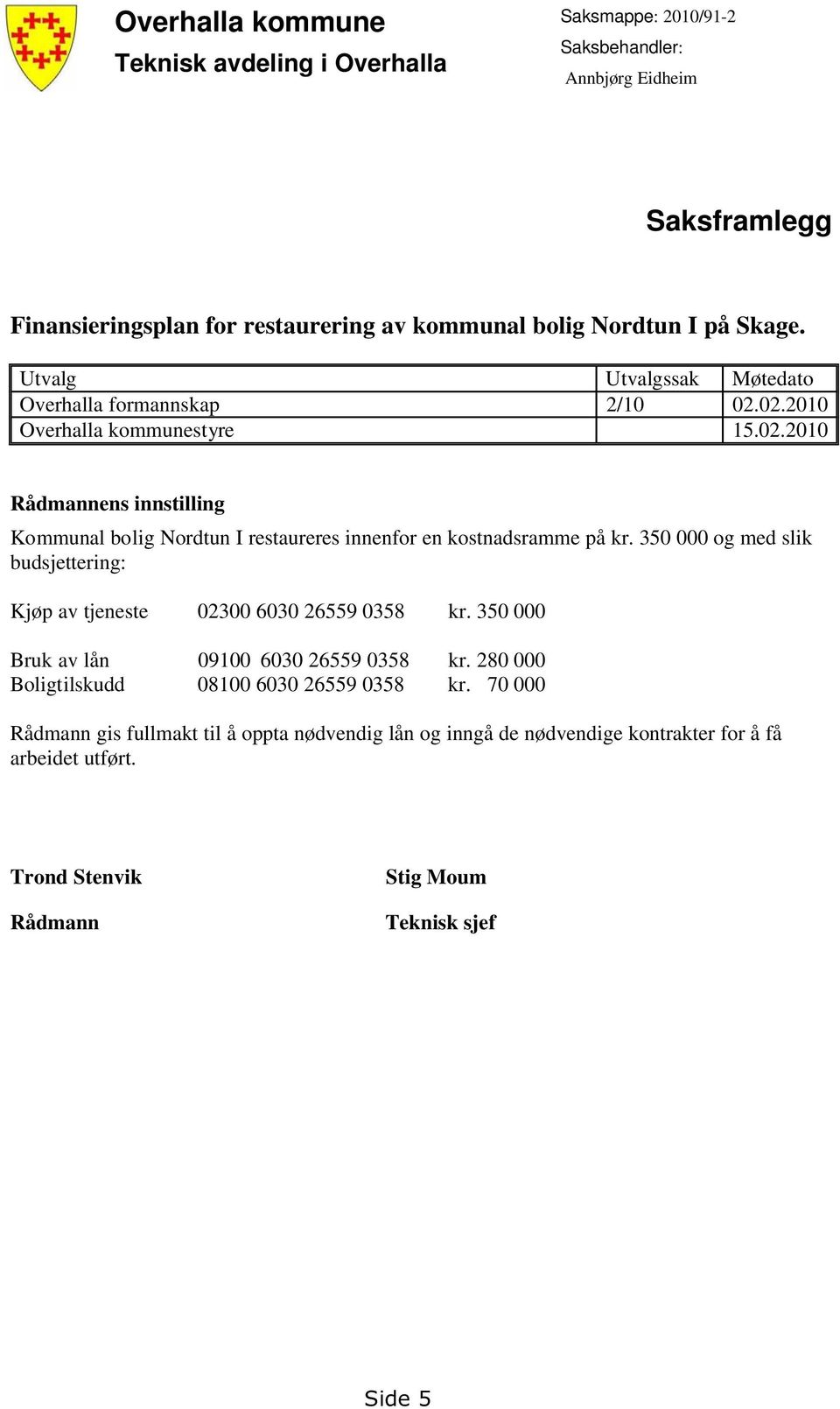 350 000 og med slik budsjettering: Kjøp av tjeneste 02300 6030 26559 0358 kr. 350 000 Bruk av lån 09100 6030 26559 0358 kr. 280 000 Boligtilskudd 08100 6030 26559 0358 kr.