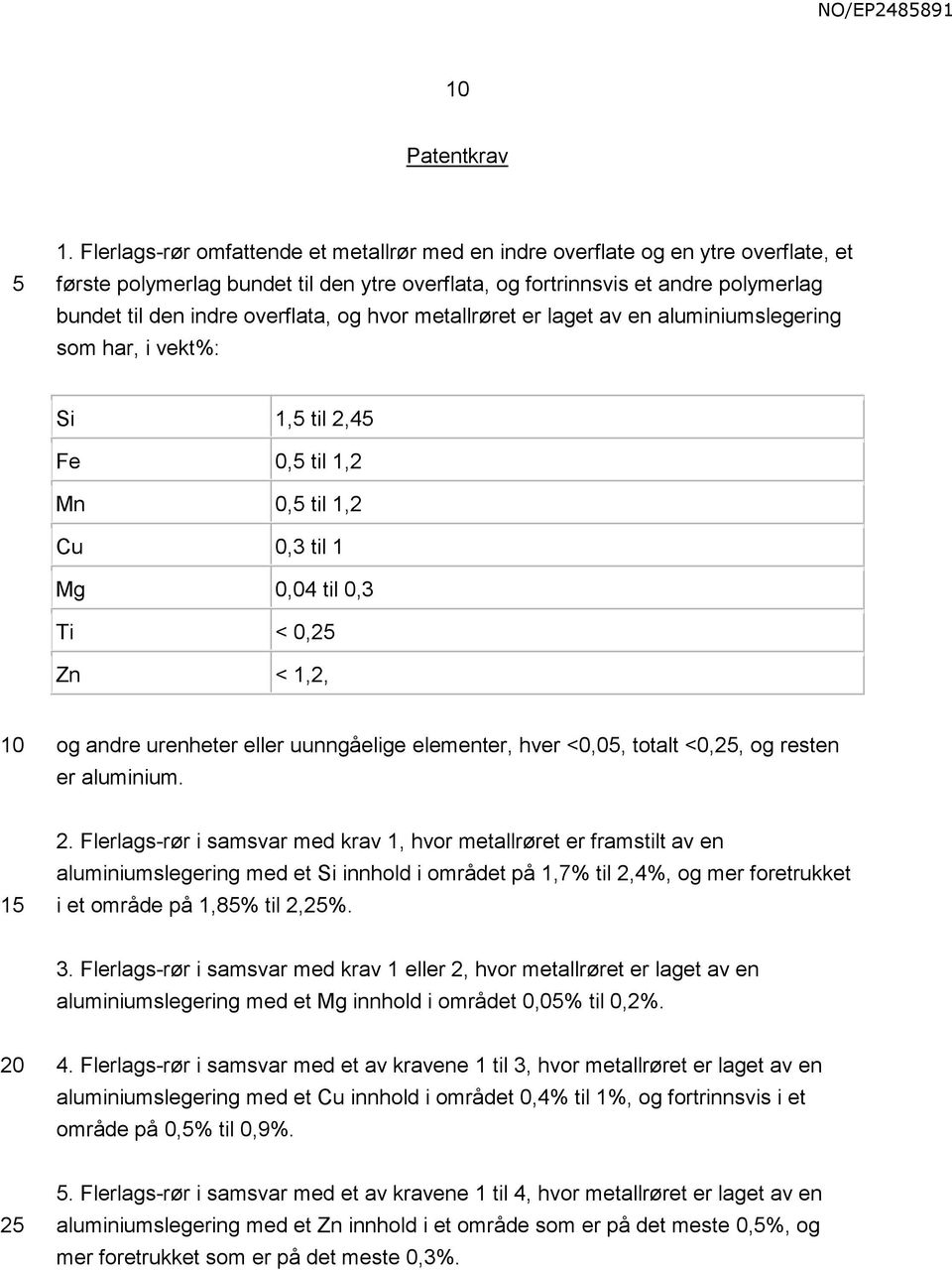 overflata, og hvor metallrøret er laget av en aluminiumslegering som har, i vekt%: Si 1, til 2,4 Fe 0, til 1,2 Mn 0, til 1,2 Cu 0,3 til 1 Mg 0,04 til 0,3 Ti < 0,2 Zn < 1,2, og andre urenheter eller