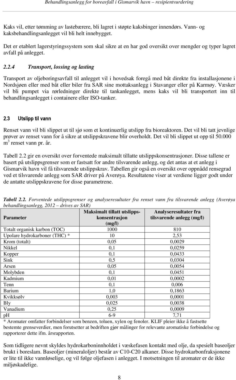 2.4 Transport, lossing og lasting Transport av oljeboringsavfall til anlegget vil i hovedsak foregå med båt direkte fra installasjonene i Nordsjøen eller med båt eller biler fra SAR sine