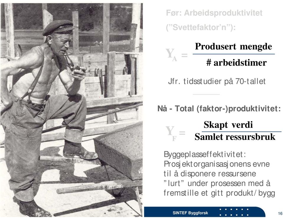 tidsstudier på 70-tallet Nå - Total (faktor-)produktivitet: Y F = Skapt verdi