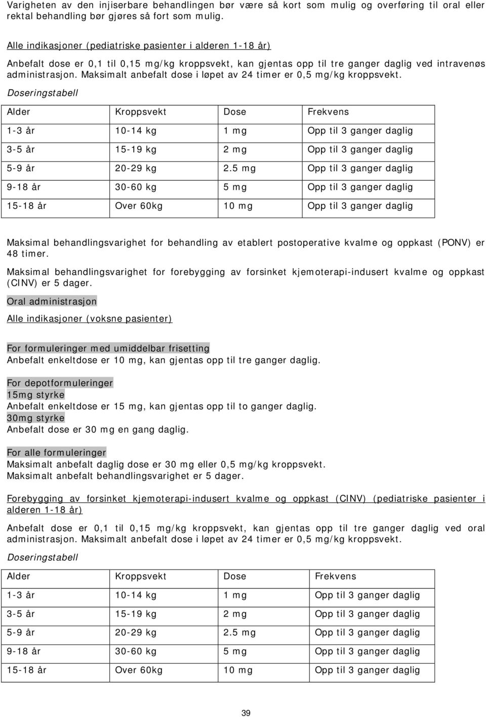 Maksimalt anbefalt dose i løpet av 24 timer er 0,5 mg/kg kroppsvekt.