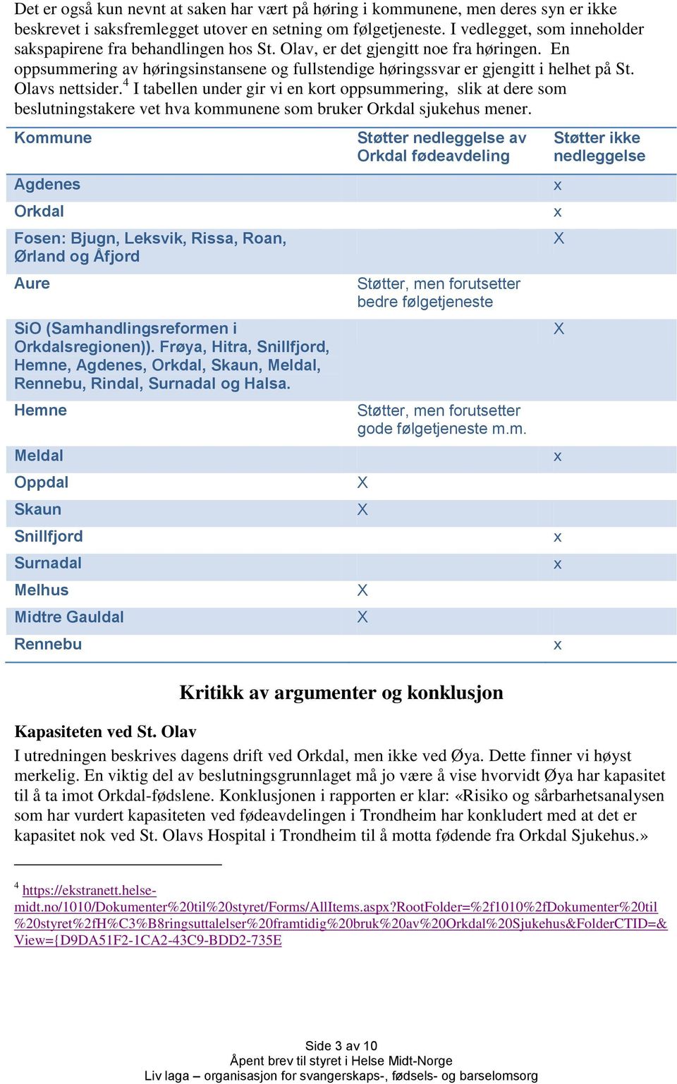 Olavs nettsider. 4 I tabellen under gir vi en kort oppsummering, slik at dere som beslutningstakere vet hva kommunene som bruker Orkdal sjukehus mener.