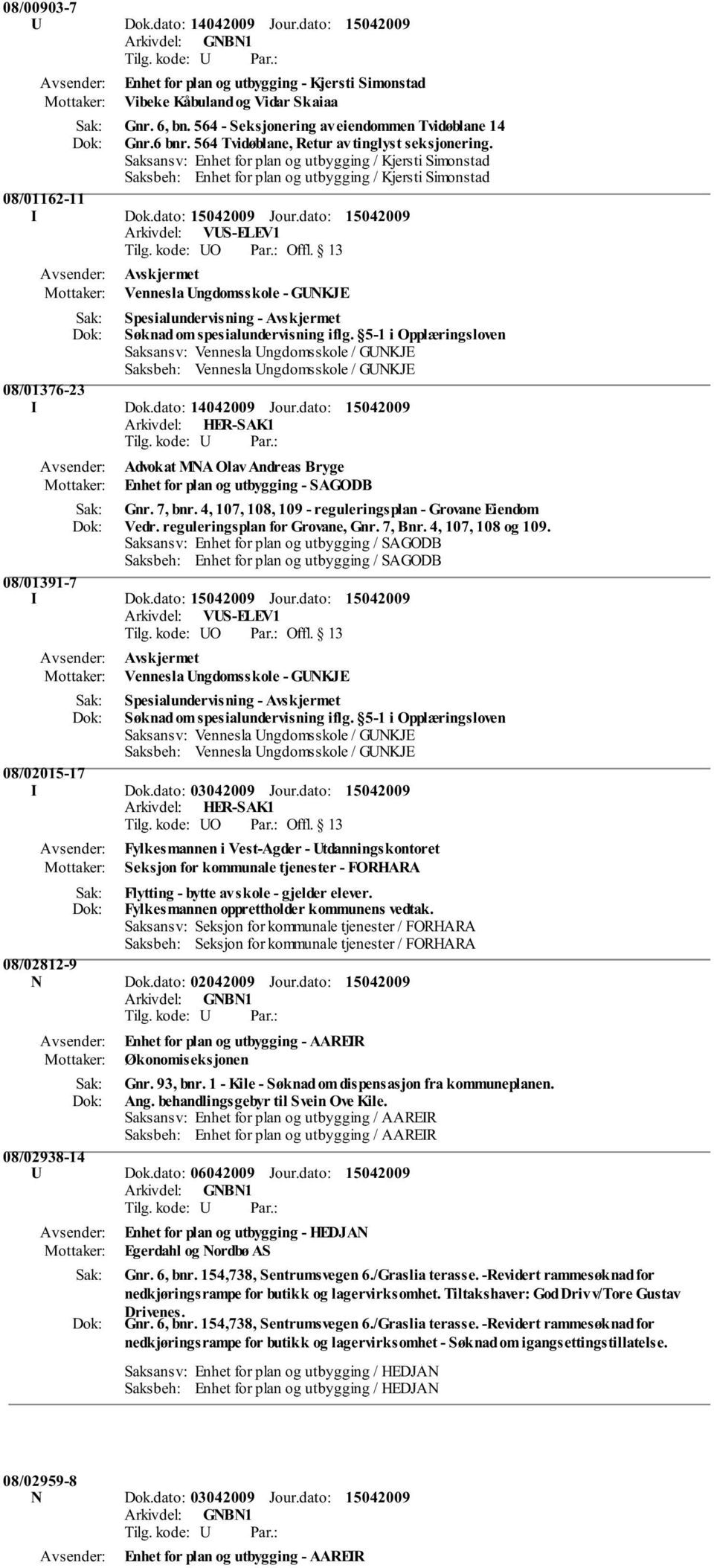 dato: Vennesla Ungdomsskole - GUNKJE 08/01376-23 I Dok.dato: 14042009 Jour.dato: Advokat MNA Olav Andreas Bryge Enhet for plan og utbygging - SAGODB Gnr. 7, bnr.