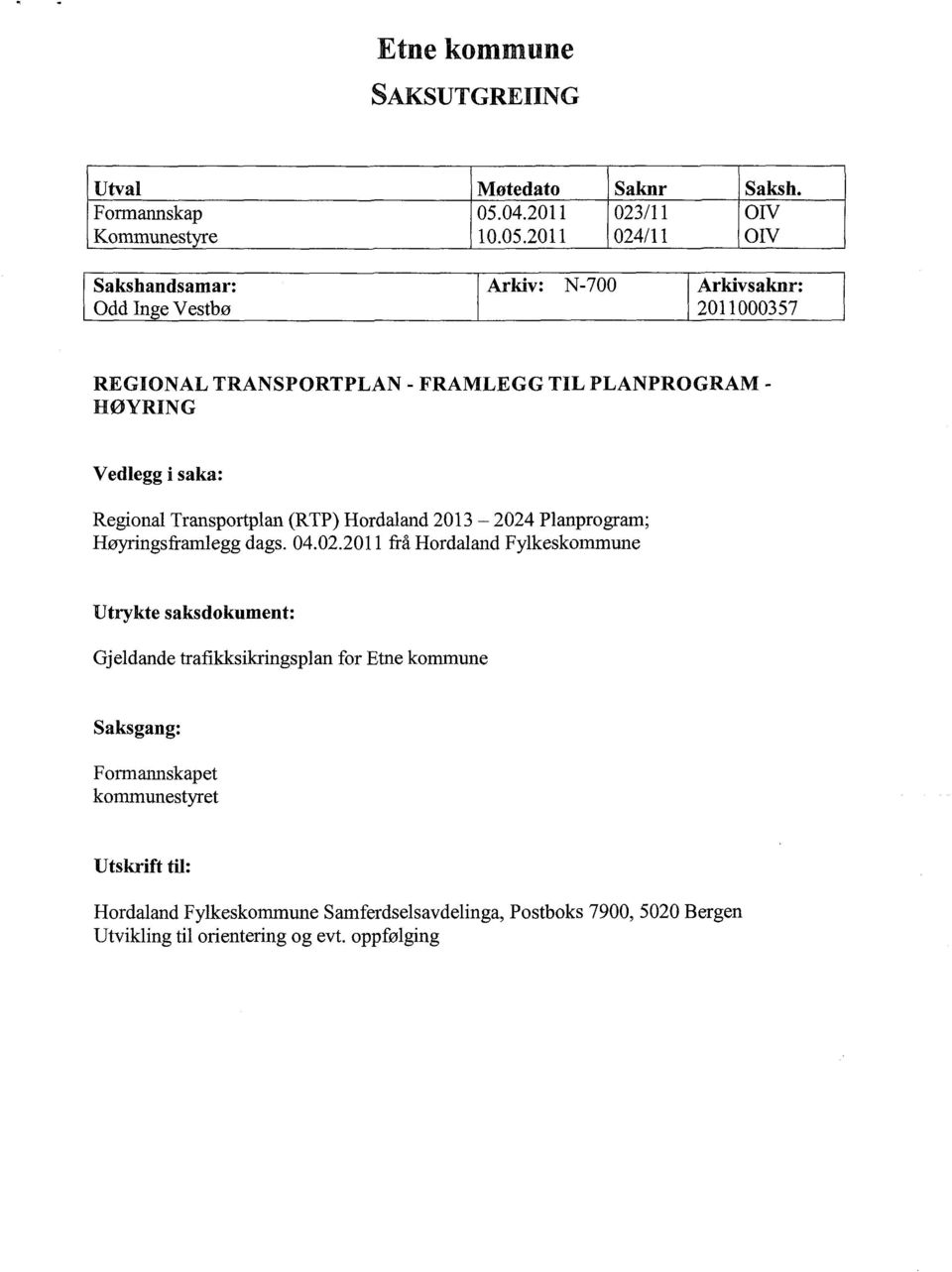 2011 024/11 OIV Sakshandsamar: Odd Inge Vestbø Arkiv: N-700 Arkivsaknr: 2011000357 REGIONAL TRANSPORTPLAN - FRAMLEGG TIL PLANPROGRAM HØYRING Vedlegg i saka: